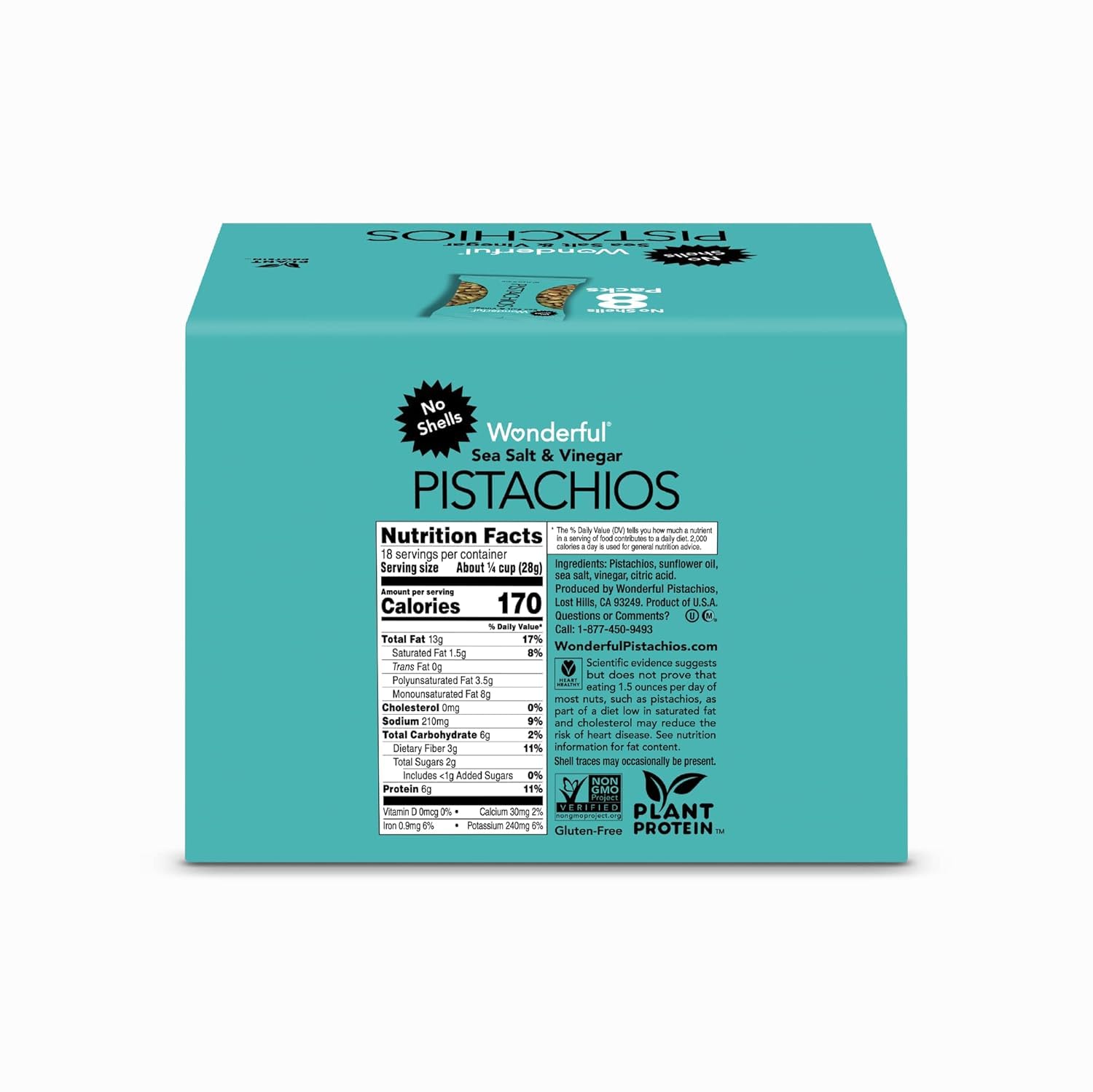 Wonderful Pistachios No Shells, Sea Salt & Vinegar Flavored Nuts - 2.25 Ounce Bag (Pack of 8) | High Protein Snacks, Gluten Free, Keto Friendly | Perfect for Office, Travel & Healthy On-the-Go Snacking