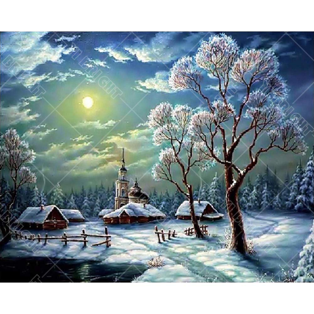 5D DIY Christmas Snow Scene Diamond Painting Kit - Round Full Diamond Rhinestone Art by Numbers - Winter White Snow Landscape Canvas for Home Decor, Wall Art & Holiday Gift (Perfect for Christmas Decorations, Craft Projects & Relaxation)