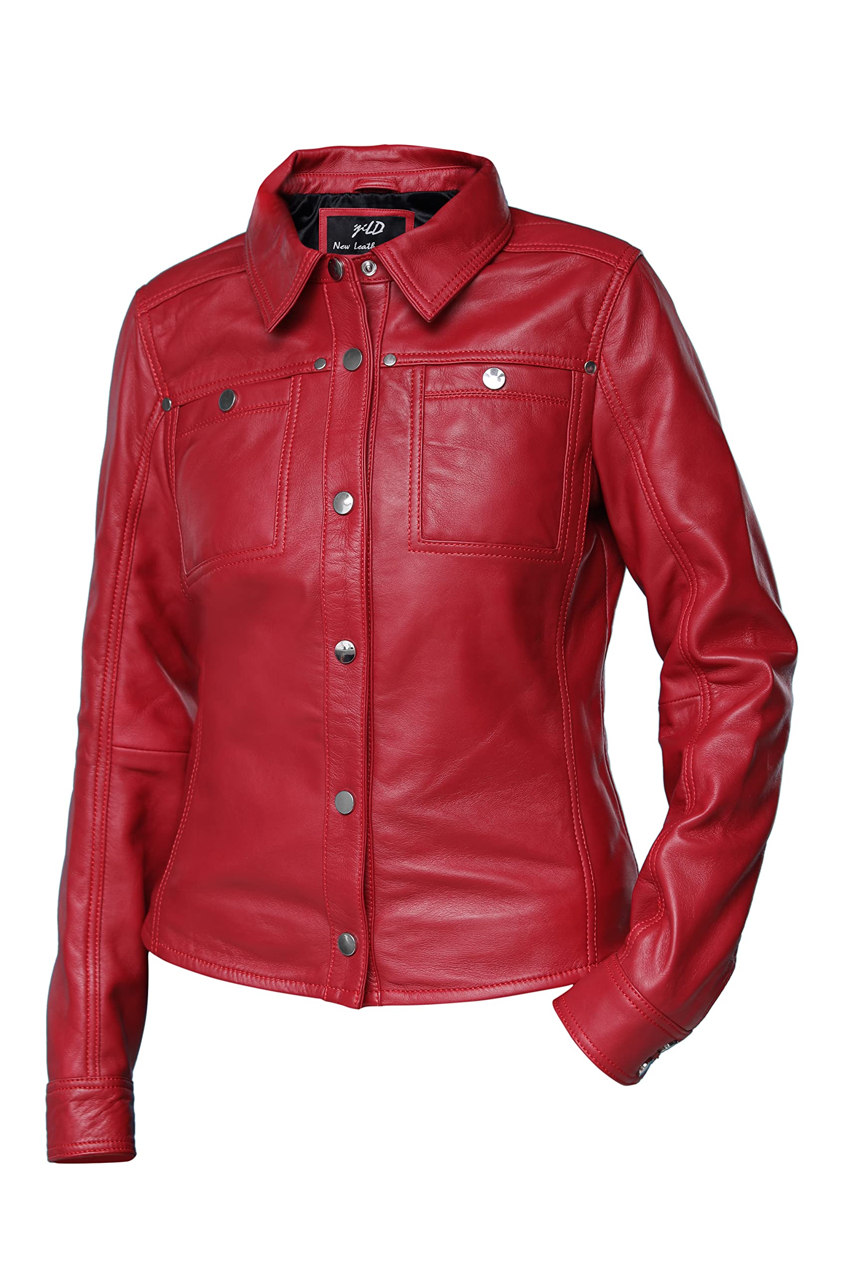 Jild Women's Button Front Lambskin Leather Jacket Shacket - Long Sleeve Casual Shirt Jacket with Bust Pocket | Perfect for Fall Layering, Date Nights & Office Wear