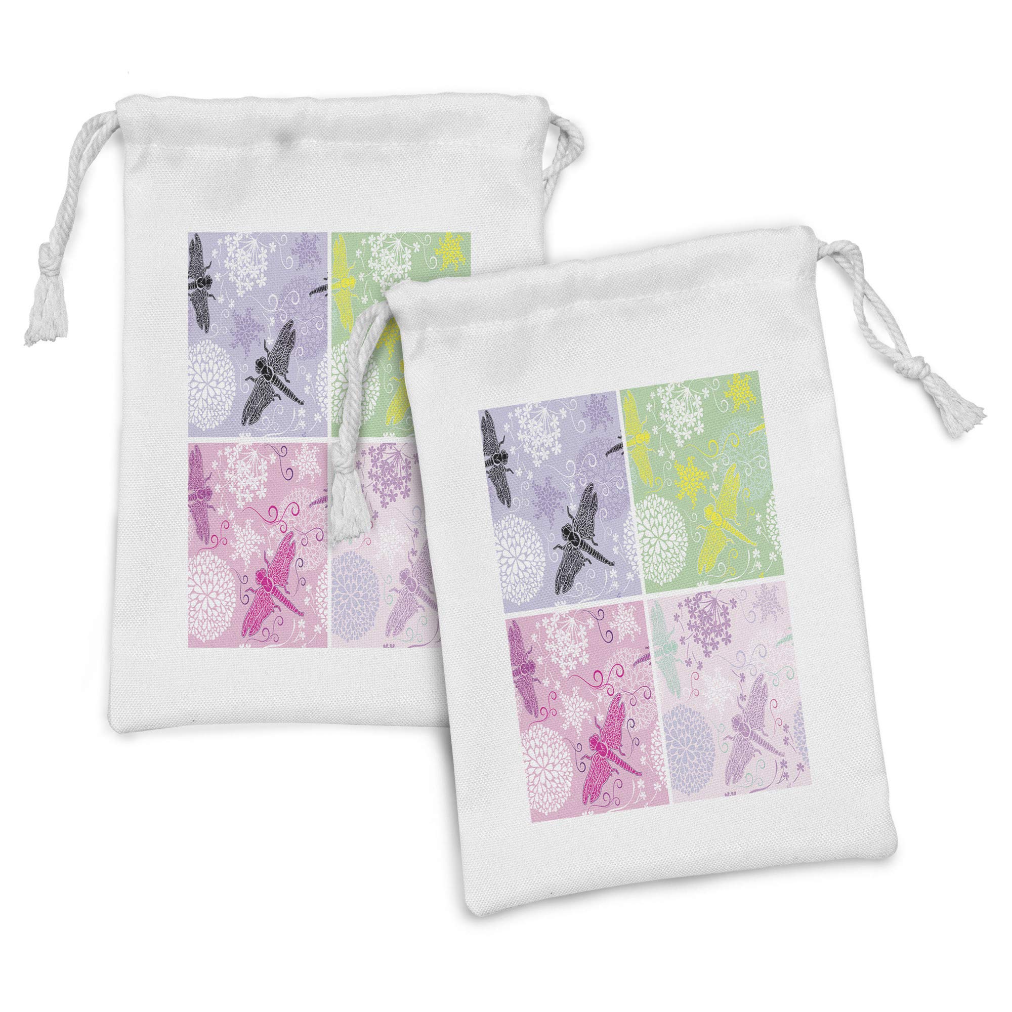 Ambesonne Dragonfly Fabric Pouch Set of 2 - Floral Frame Pattern with Dragonfly & Dandelion Blooms - Small Drawstring Bag for Toiletries, Masks, Jewelry & Party Favors - 9