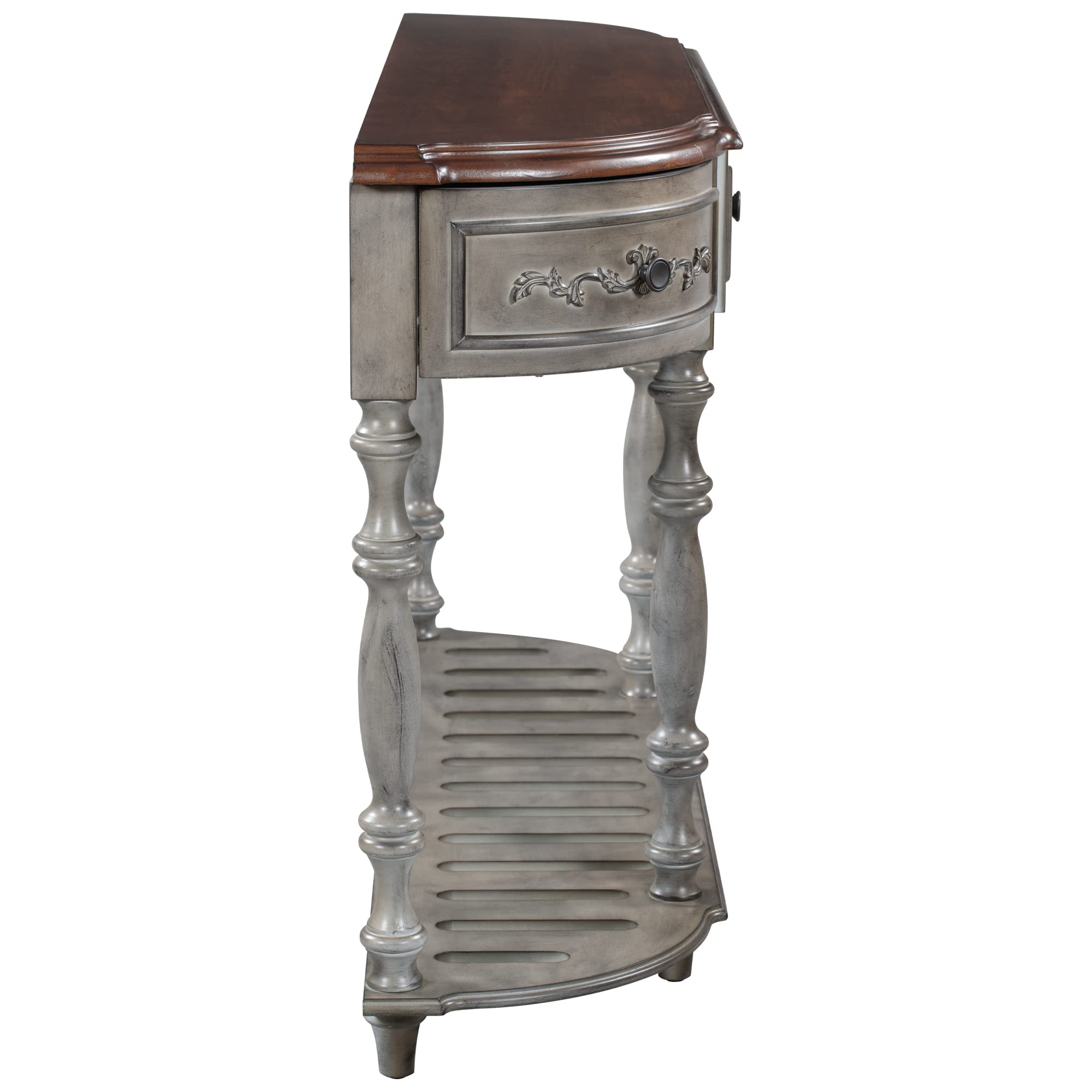 P PURLOVE Curved Console Table with 4 Drawers - Retro Solid Wood Sofa Table with Sturdy Frame & Legs - Half Moon Entryway Table for Living Room, Kitchen, Hallway - Antique Gray Finish - Perfect for Small Spaces & Home Decor
