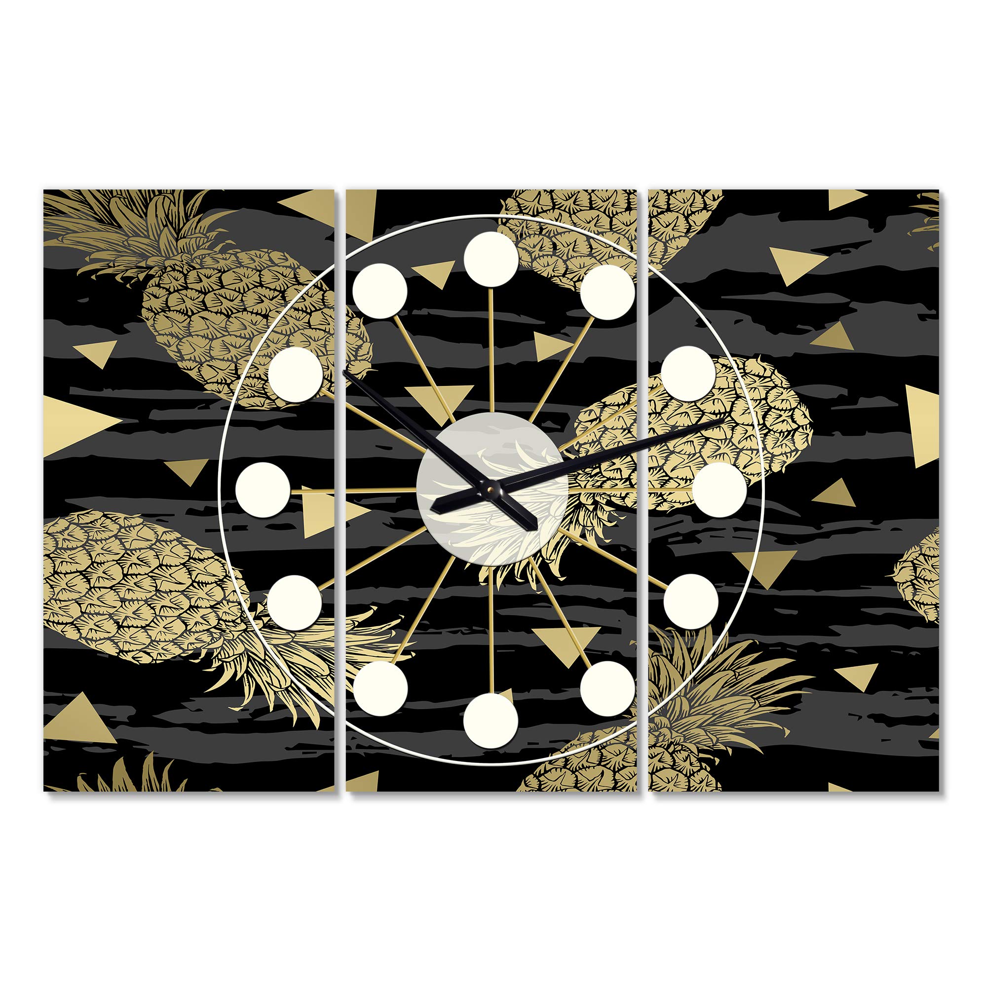 Designart Golden Pineapple on Black Mid-Century Modern 3 Panel Wall Clock - Metal Wall Art Decor for Living Room, Bedroom, Office | Unique Home Decor Gift Idea for Tropical & Vintage Style Interiors