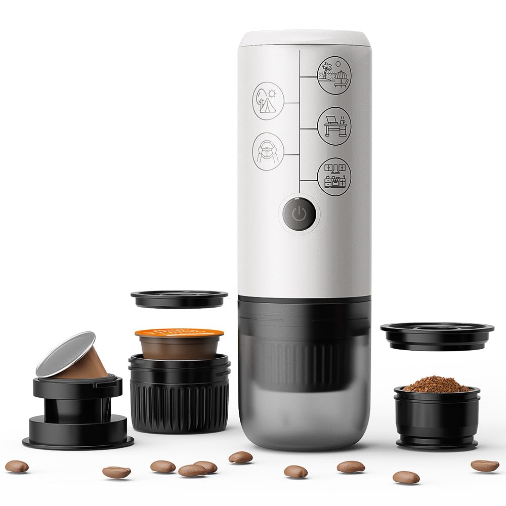 BENFUCHEN 3-in-1 Portable Espresso Machine - Type-C Rechargeable Electric Coffee Maker, 17 Bar Pressure Mini Espresso Machine Compatible with NESPRESSO/DolceGusto Pods & Ground Coffee - Perfect for Travel, Camping & Office Use - White