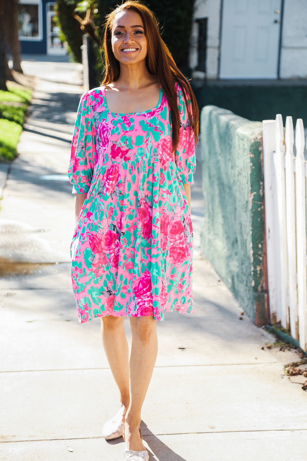 Pink Floral & Animal Print Square Neck Dress for Women - Elegant Summer Casual Dress for Parties, Dates & Vacations