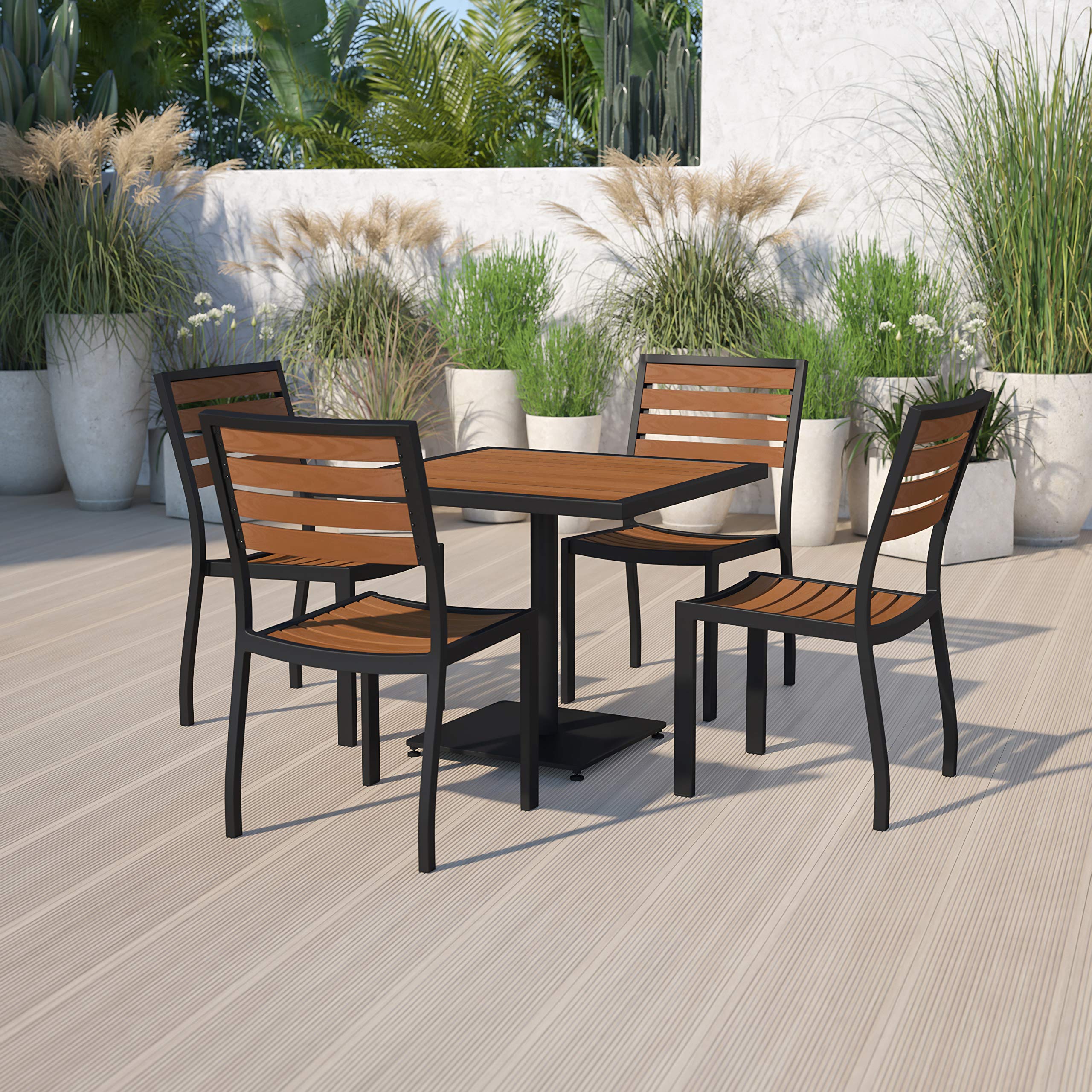 Flash Furniture Outdoor Patio Bistro Dining Table Set with 4 Chairs - Weather-Resistant Faux Teak Poly Slats - Perfect for Backyard, Garden, Poolside & Small Balcony Dining