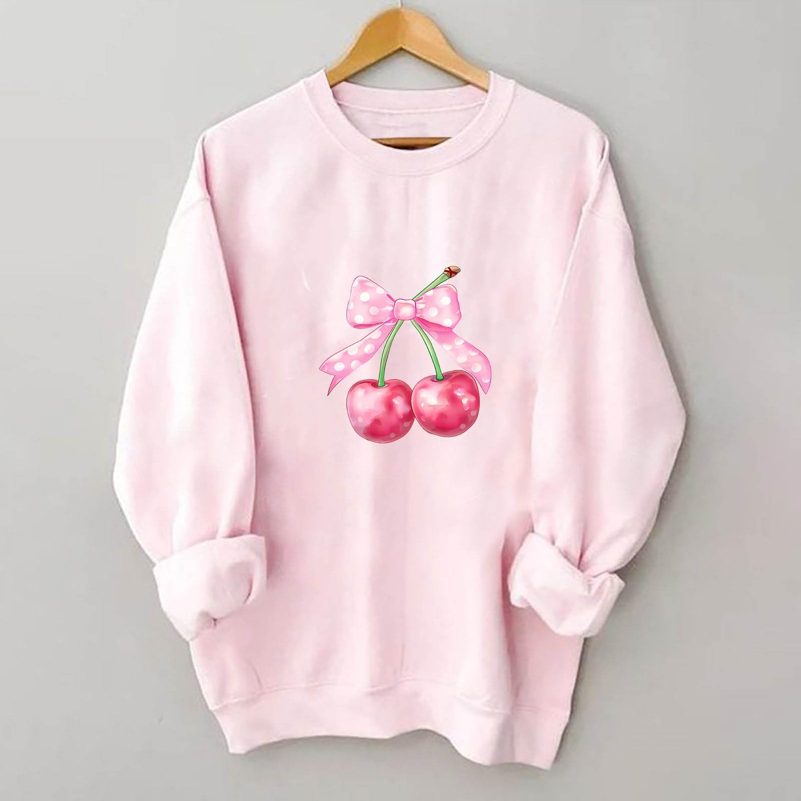 Women's Akklian Cute Cherry Bow Print Oversized Sweatshirt - Long Sleeve Kawaii Pullover Loose Fit Preppy Teen Girl Pink Top for Casual Outings & Cozy Evenings