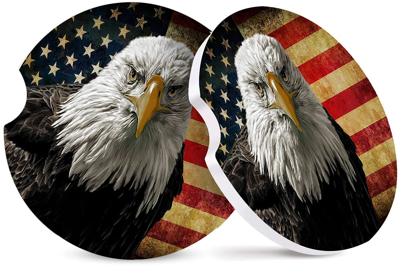 Absorbent Car Coasters 2 Pack - USA Flag Ceramic Cup Holders for Women & Men with Finger Notch - Bald Eagle American Flag Design - Perfect for Road Trips, Commuting & Protecting Car Interior