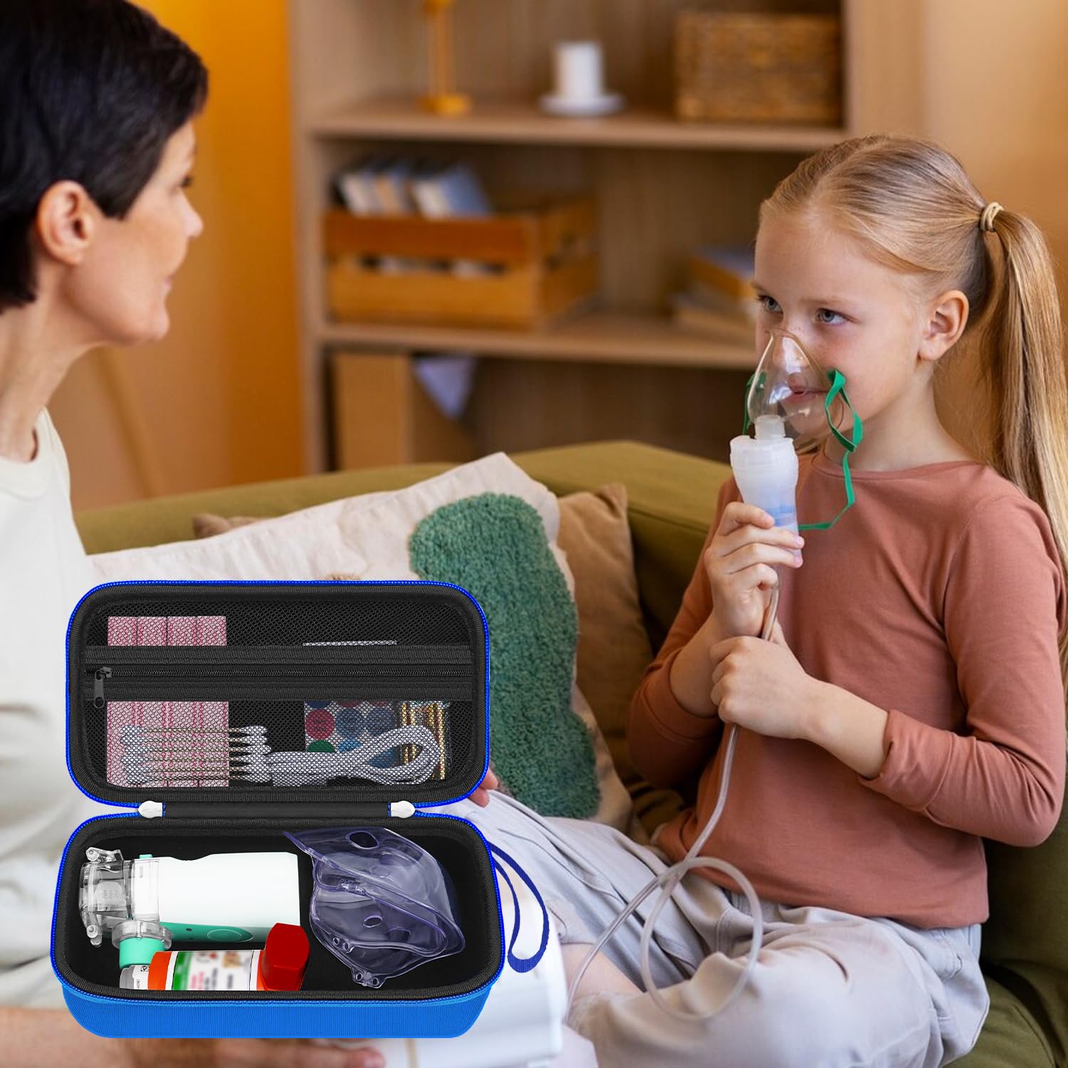 HESTECH Travel Carrying Case for Asthma Inhaler - Portable Organizer for Inhaler Spacer, Mask & Accessories with Mesh Pocket (Blue) - Perfect for Travel, Gym & Daily Use