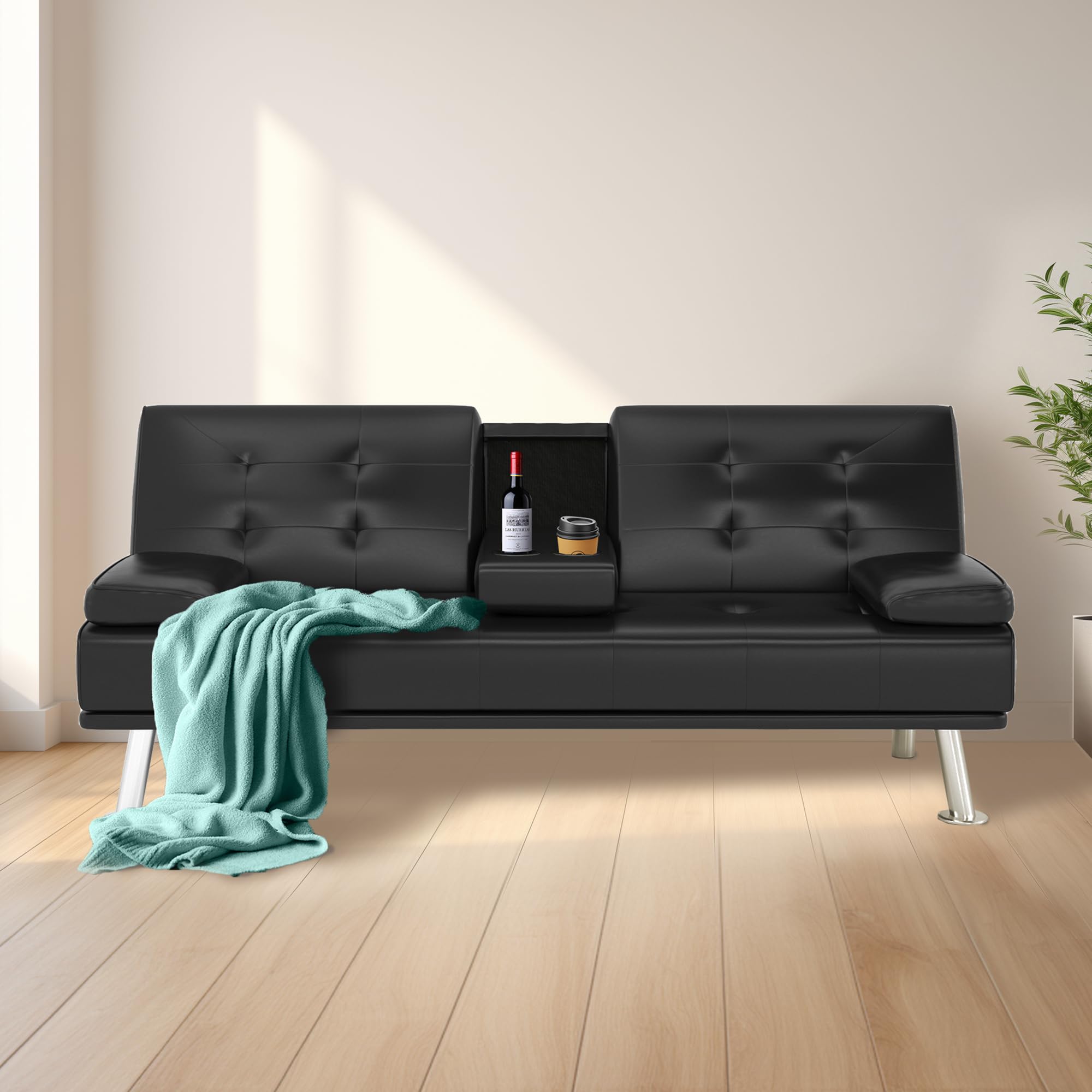 Yoyomax Modern Faux Leather Convertible Futon Sofa Bed with 2 Cup Holders & Pillows - Foldable Sleeper Couch for Small Spaces, Dorm Rooms, RVs, Home Offices - Perfect for Compact Living & Guest Sleeping (Black)