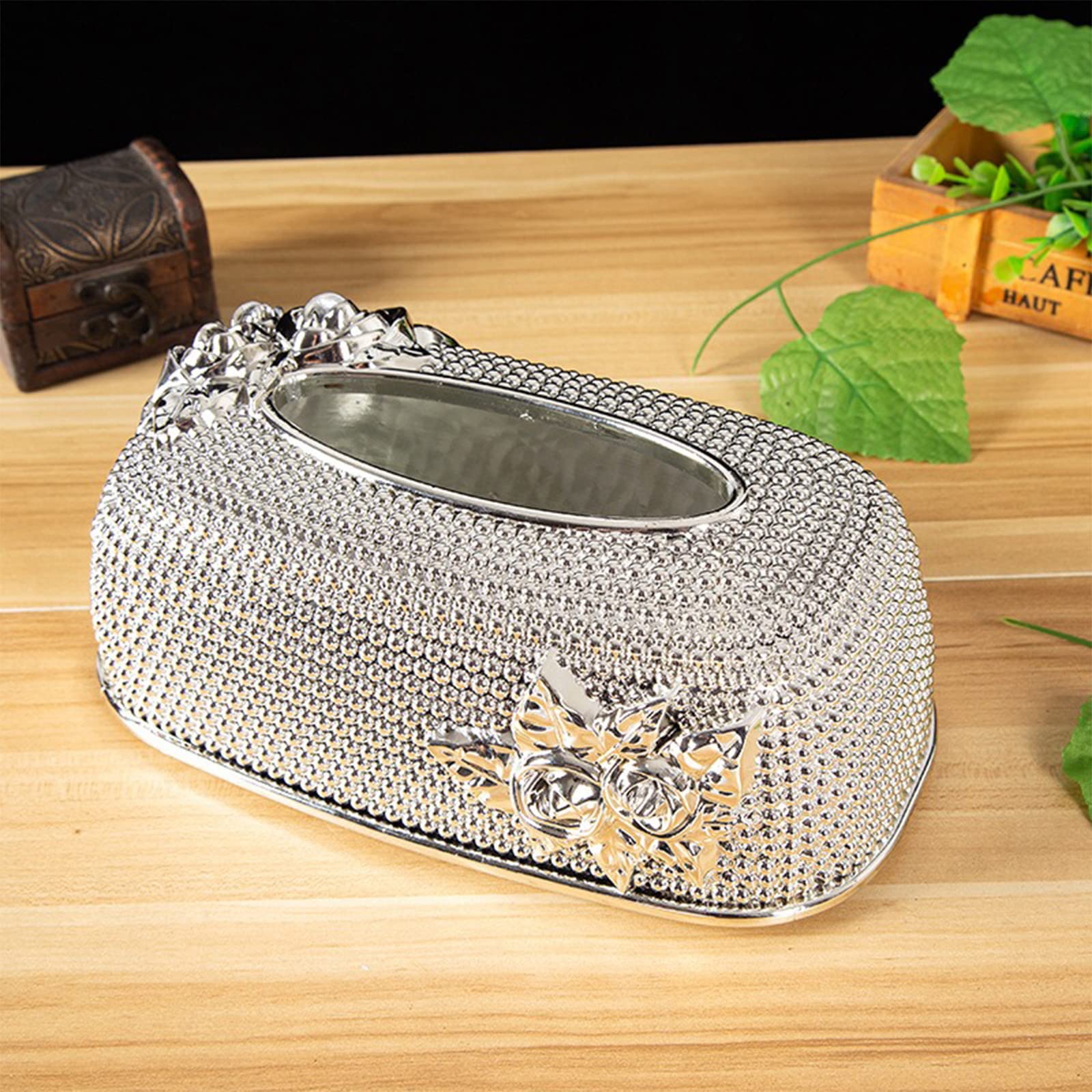 Luxury Silver Rose Plastic Tissue Box Cover with Wide Draw Hole - Elegant Lace Rectangle Tissue Holder for Dresser, Bathroom & Home Decor - Perfect for Bedroom, Living Room and Office Organization