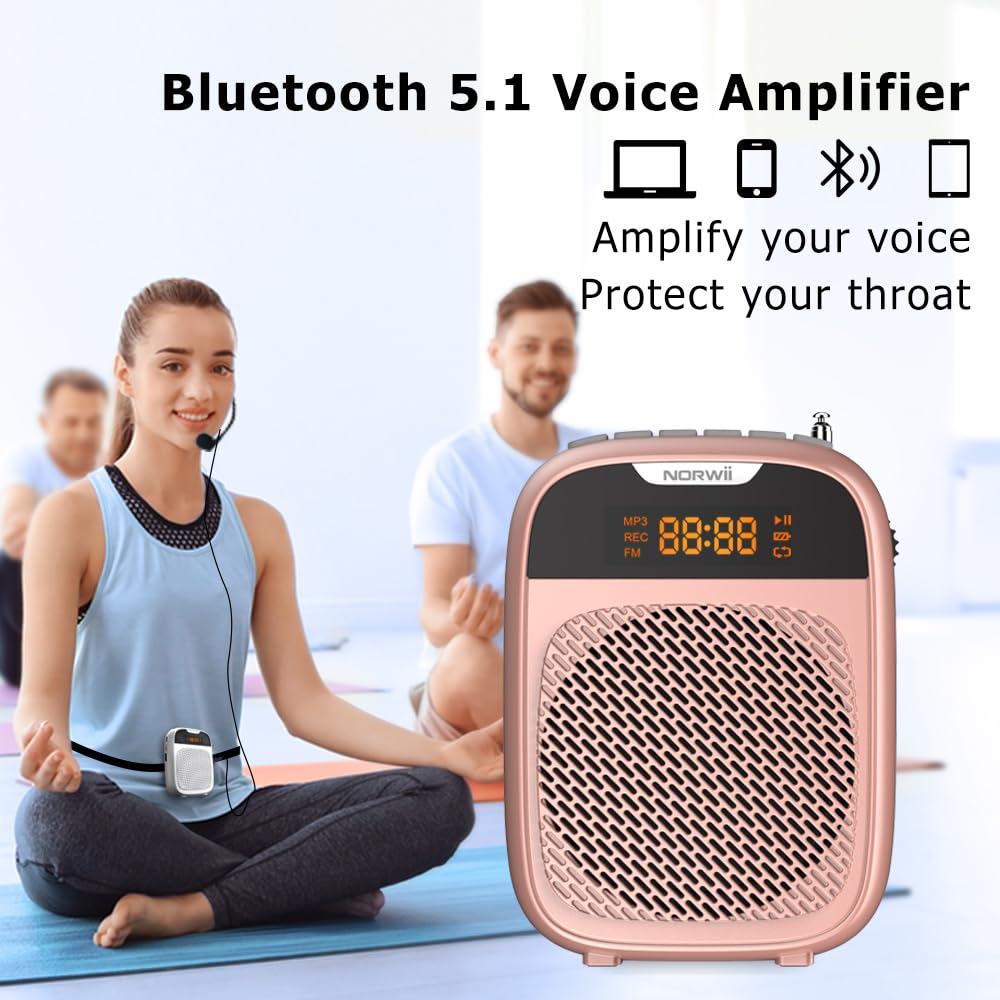 NORWII Mini Voice Amplifier Portable Rechargeable Bluetooth Speaker 4000mAh with Wired Microphone - Personal PA System for Teachers, Tour Guides, Meetings & Coaches (Rose Gold) | Wireless Microphone for Presentations, Outdoor Events & Public Speaking