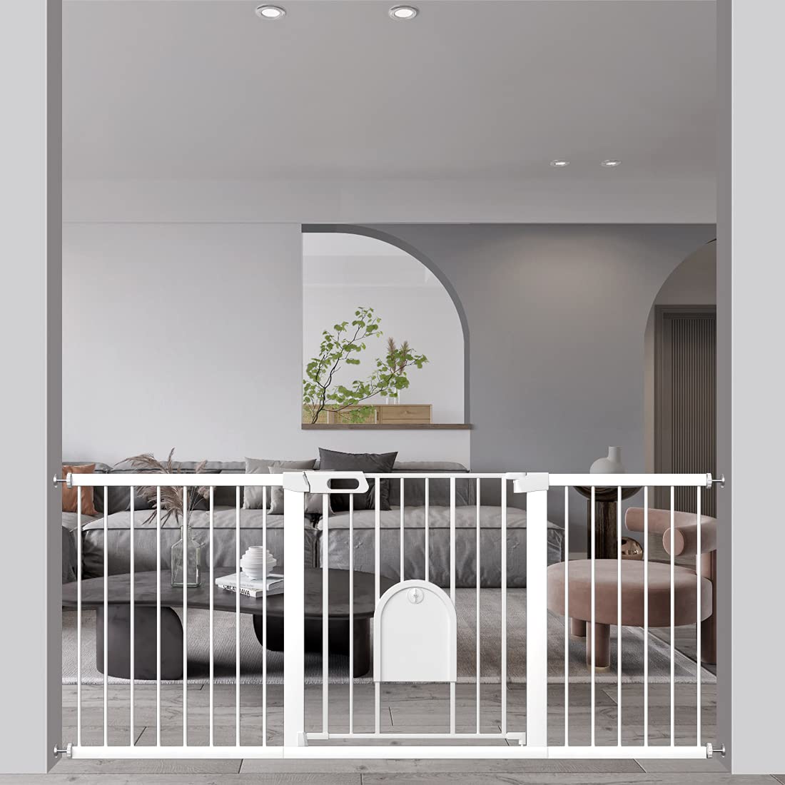Extra Wide Baby Gate with Cat Door - Pressure Mounted No Drill Safety Gate for Stairs & Kitchen (51.57