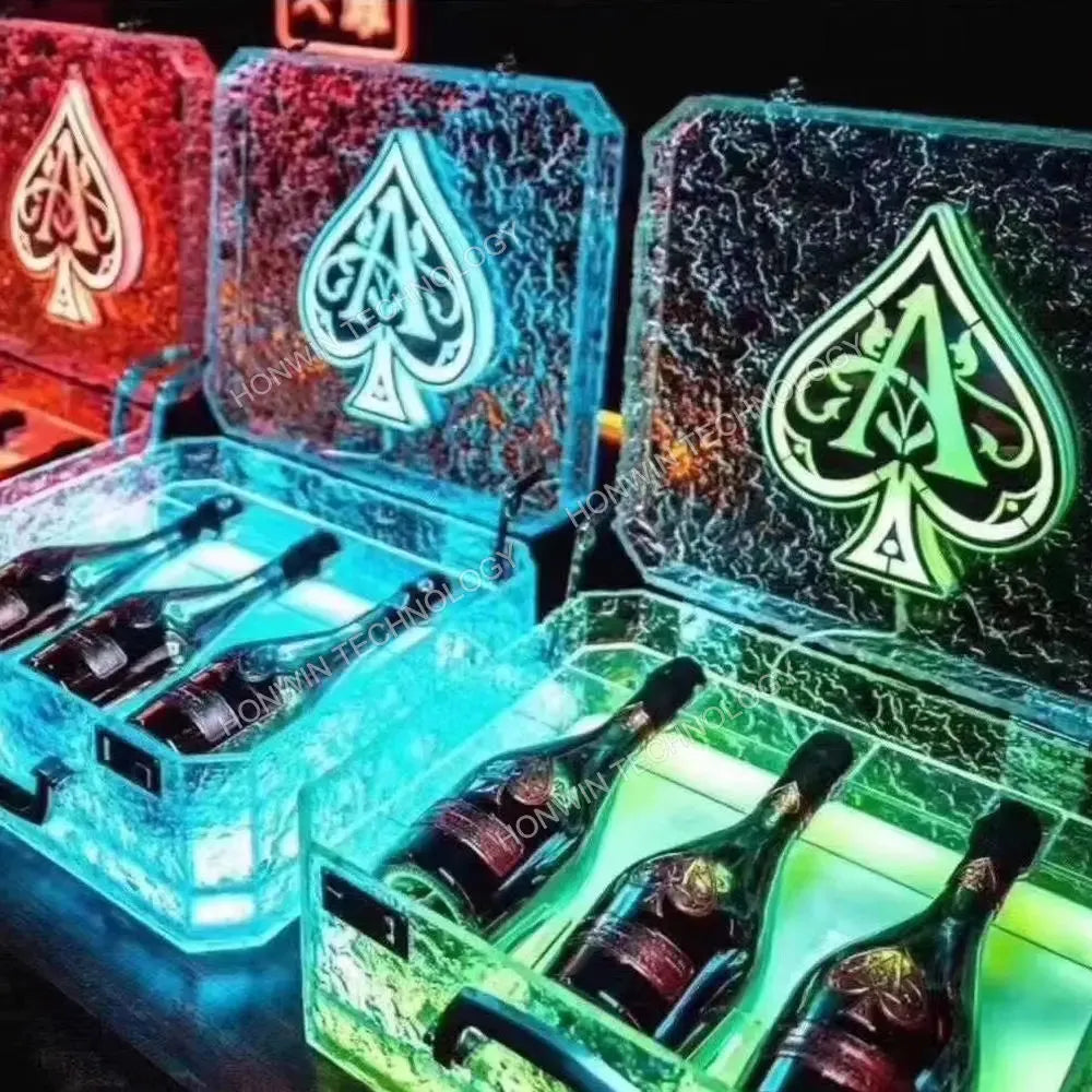 Premium LED Champagne Wine Box - Portable Ice Rock Display Case for 3 Bottles (Ace of Spade Design) - Whisky & Wine Carrier Suitcase with LED Lights - Perfect for VIP Gifts, Parties, and Luxury Home Bar Display