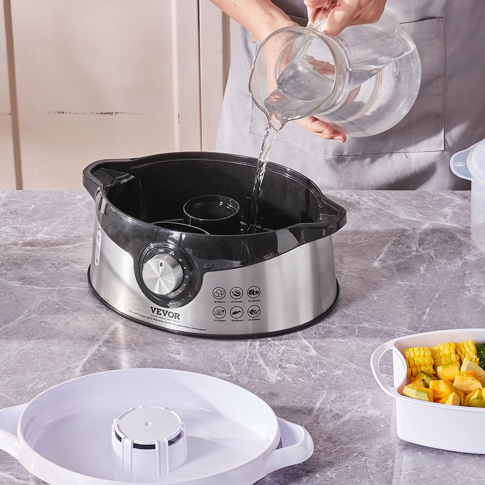 VEVOR 9.5Qt Electric Food Steamer with 3-Tier Stackable Trays - 800W Vegetable & Meat Steamer with 60 Min Timer, Auto Shut-Off & Boil Dry Protection - Perfect for Healthy Cooking, Meal Prep & Large Families
