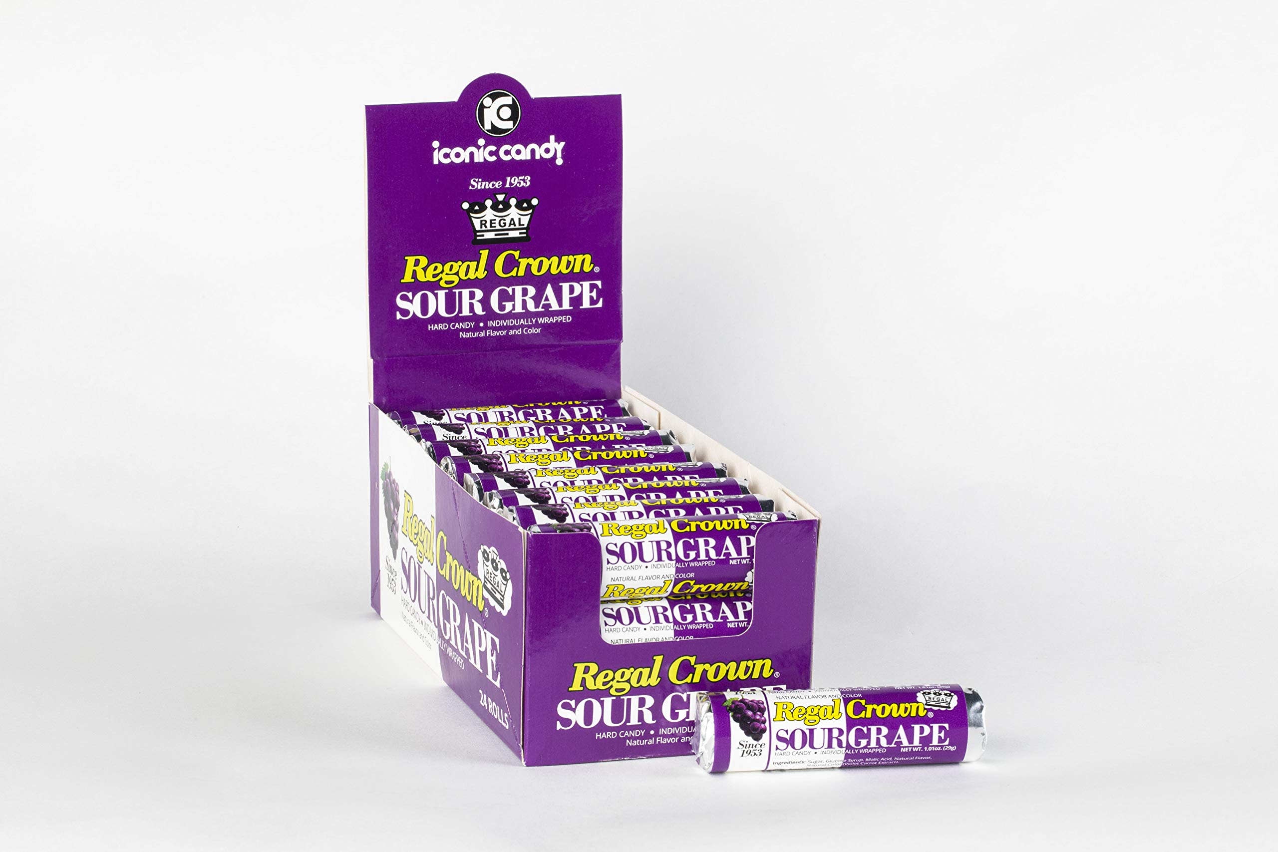 Regal Crown Sour Grape Candy Rolls 24 Count - Tart & Tangy Hard Candy for Parties, Halloween Treats & Office Snacks - Classic Old Fashioned Sour Grapes Candy by Iconic Candy Brand