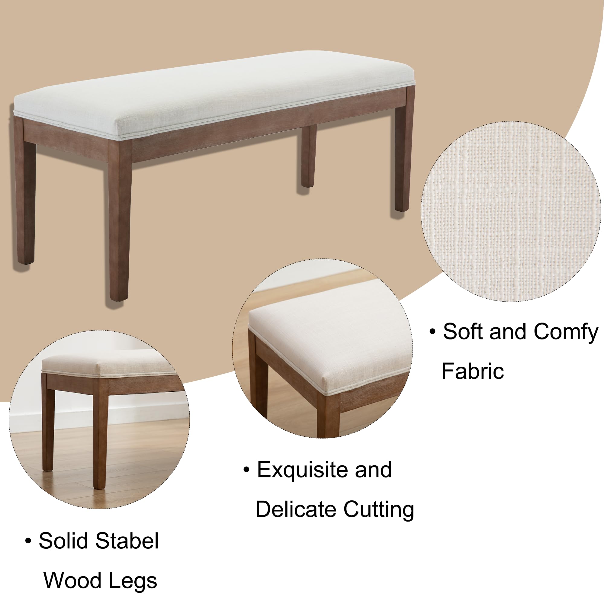 Farmhouse Entryway Bench with Wood Legs - Upholstered Shoe Storage Bench for Hallway, Porch, Bedroom, Dining Room - Linen Fabric, Beige - Perfect for Small Spaces, Mudroom Organization & Cozy Home Decor