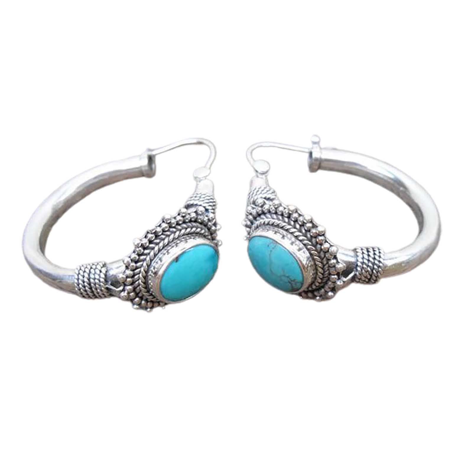 Vintage Turquoise Oval Pendant Earrings for Women - Unique Hand-Carved Bohemian Hoop Earrings with Piercing Design, Retro Blue Jewelry Accessories | Perfect for Boho Fashion, Parties & Special Occasions