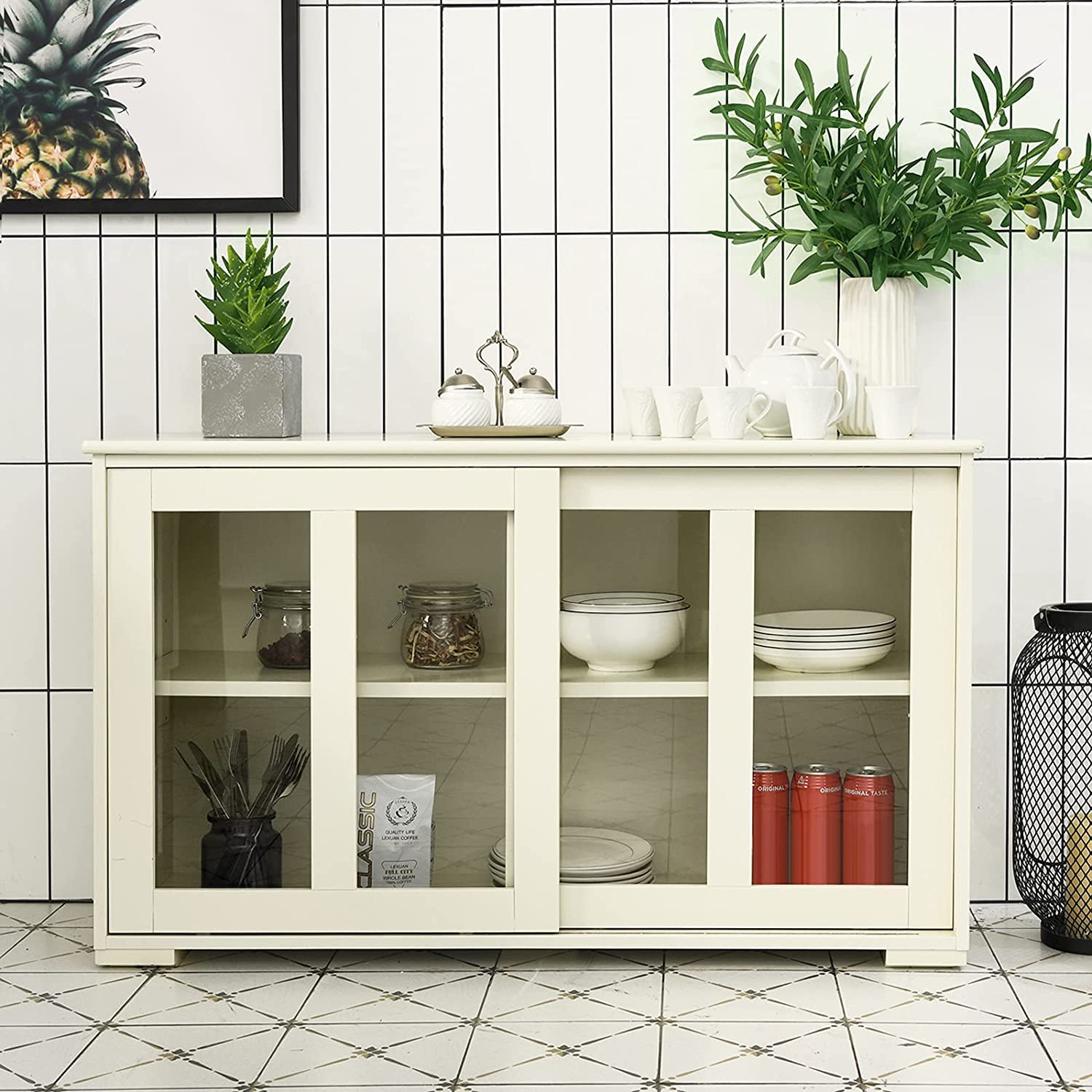Stackable Sideboard Buffet Cabinet with Adjustable Shelves & Glass Sliding Doors - White Wooden Credenza Storage Table for Kitchen, Dining Room, Living Room | Perfect for Coffee Bar Setup, Entryway Organization & Home Decor