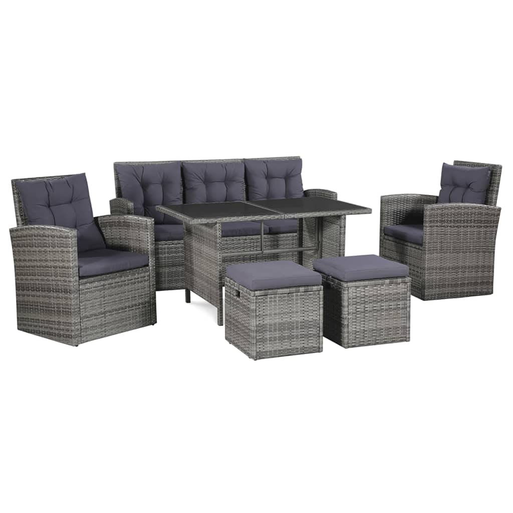 7-Piece Outdoor Patio Furniture Set with Cushions - Grey Poly Rattan Dining & Conversation Set for Backyard, Garden, Guest House - Perfect for Outdoor Entertaining & Relaxation