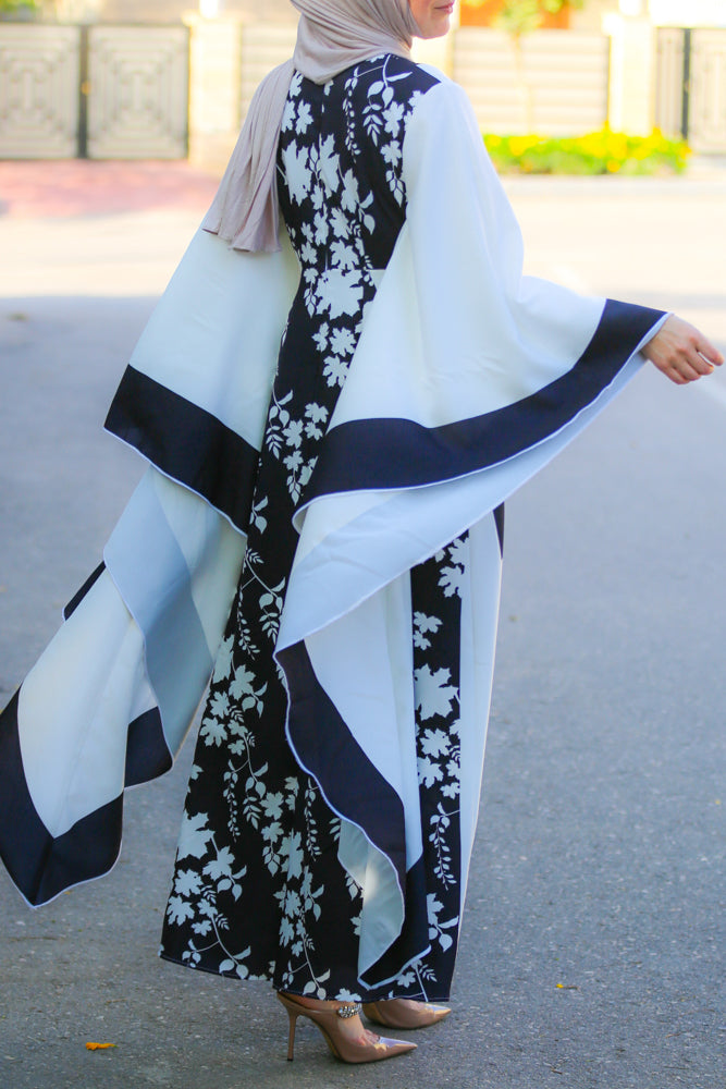 Anastasia Contrast Batwing Kimono Dress with Dramatic Sleeves - Maxi Length Boho Chic Cover Up for Beach, Festival & Evening Wear
