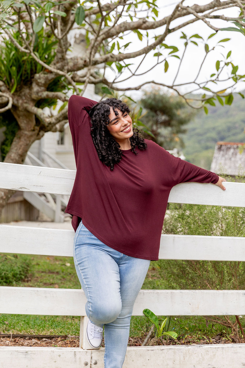 Harlow Knit Top Women's Long Sleeve Merlot Wine Red Pullover Sweater - Perfect for Fall Layering, Office Wear & Casual Outfits