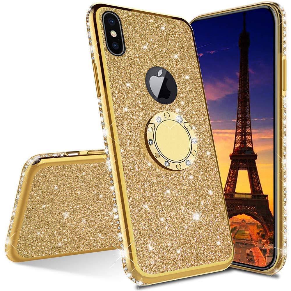LEECOCO iPhone XR Case - Sparkly Glitter Diamond Luxury TPU Cover with Ring Stand Holder | Shockproof Soft Silicone Protective Case for iPhone XR (Gold Plating) | Perfect for Everyday Use, Parties & Gift Giving