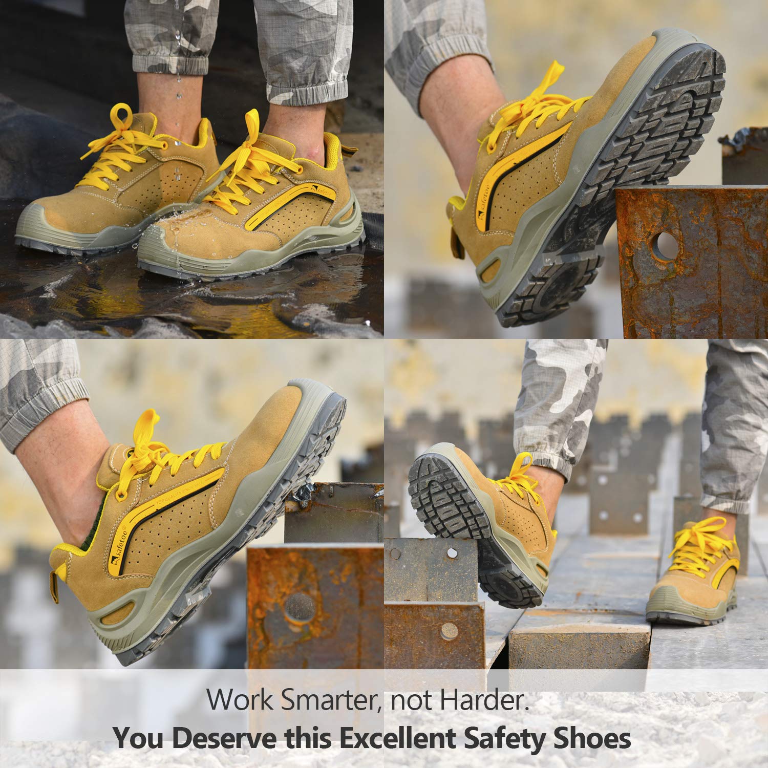 SAFEYEAR Breathable Leather Safety Shoes with Steel Toe & Non-Slip Sole - Lightweight 4E Wide Fit Work Boots for Men & Women (Includes 1 Pair Works Socks) - Ideal for Construction, Warehouse & Industrial Work Safety
