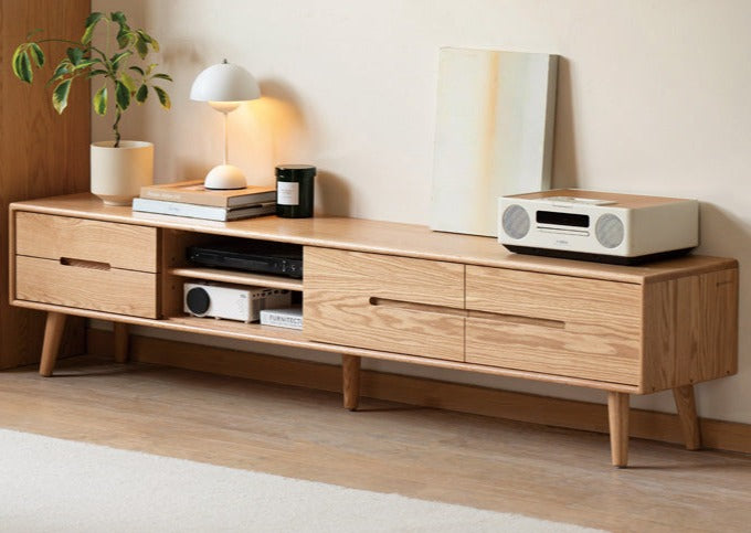 Solid Oak Wood TV Stand with Sliding Doors - Rustic Modern Entertainment Center for Living Room, Bedroom & Home Theater