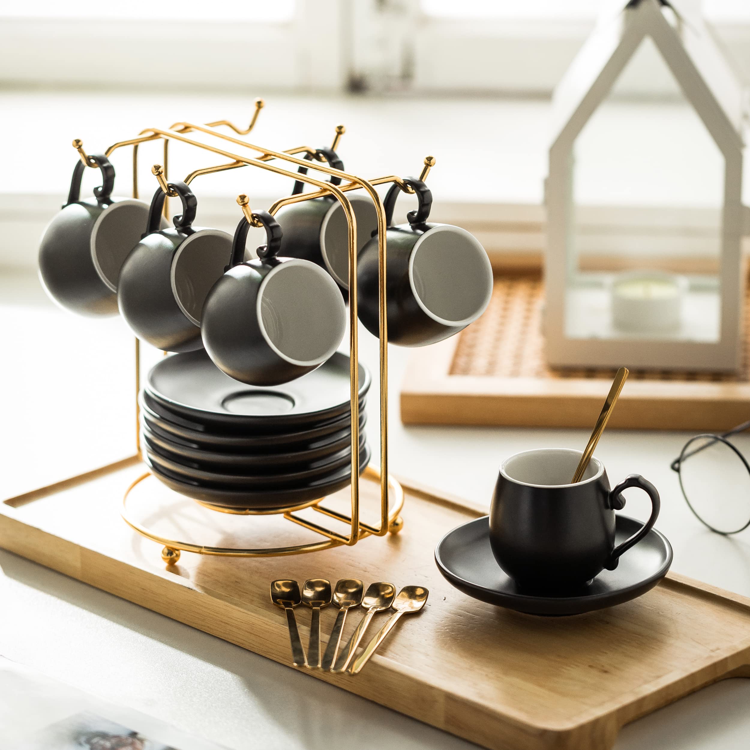 LYEOBOH 6-Piece Ceramic Espresso Cups and Saucers Set with Spoons & Metal Stand - 3oz Small Demitasse Coffee Mugs for Cappuccino, Latte, Tea - Perfect for Home Cafes, Coffee Shops & Gifts (Black)