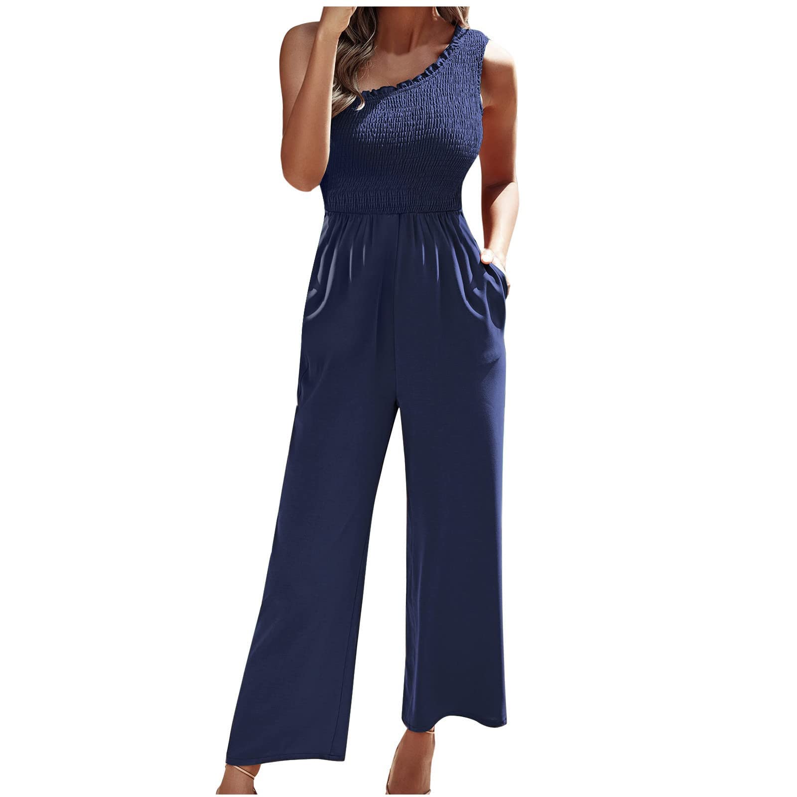Posijego Women's One Shoulder Ruched Pleated Jumpsuit - Sleeveless Strap Coverall for Casual Wear, Beach, Party & Night Out