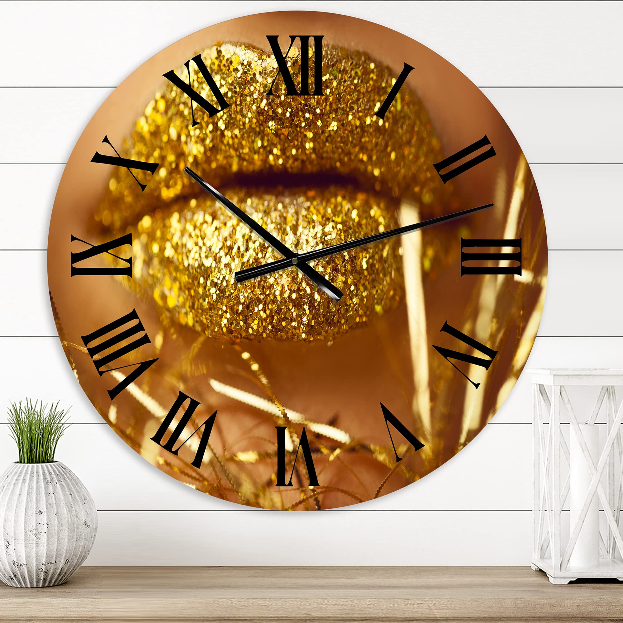 Golden Woman Lips Modern Wall Clock - Large Decorative Clock for Living Room, Bedroom, Office | Stylish Home & Office Décor
