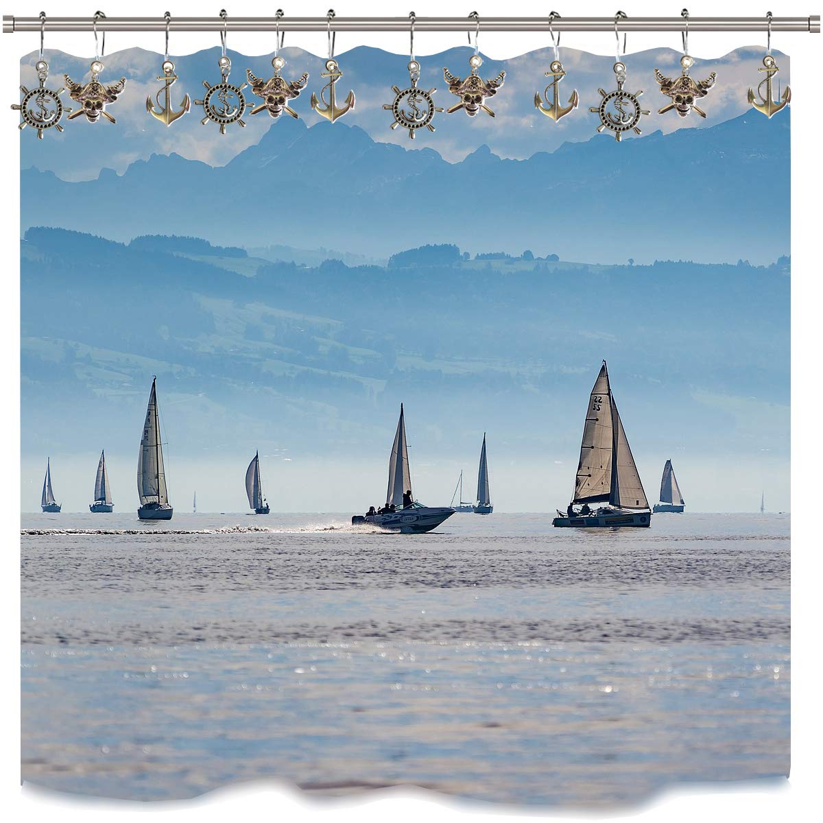 Pirate Skull Anchor Shower Curtain Hooks Set - Silver Metal Decorative Bathroom Accessories with Nautical Theme for Coastal, Beach & Ocean Inspired Bathroom Decor | Perfect for Tropical, Marine & Pirate Style Bathrooms