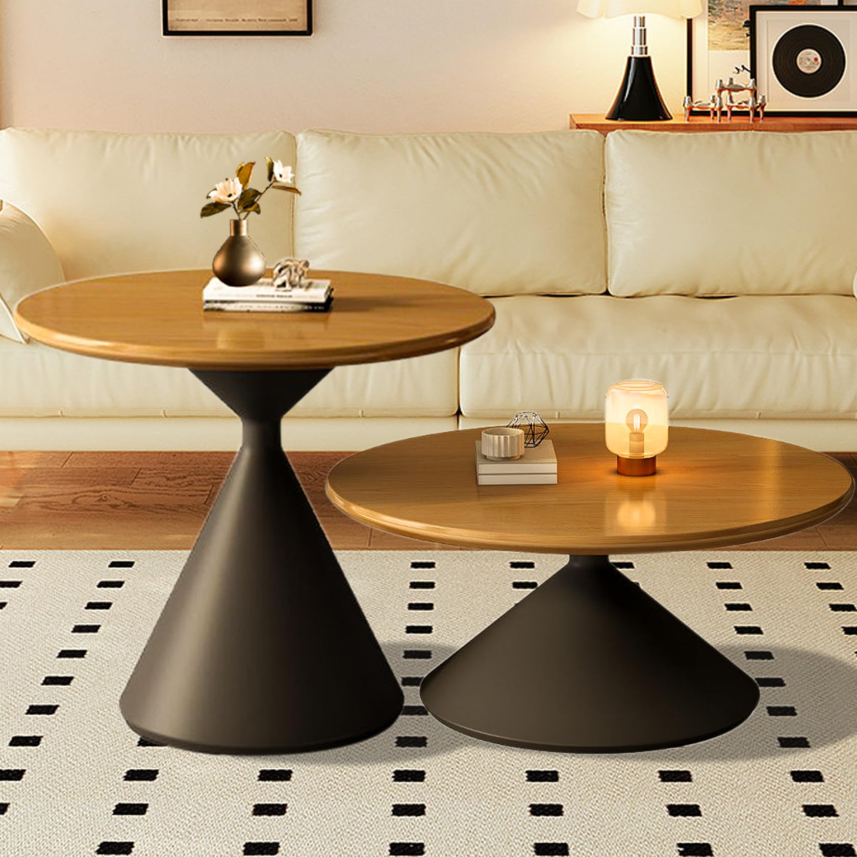 Modern Round Nesting Coffee Table Set of 2 - Solid Wood Living Room Tables (Black-Wood, 31.5 Inch) - Perfect for Small Spaces, Apartments & Cozy Home Decor