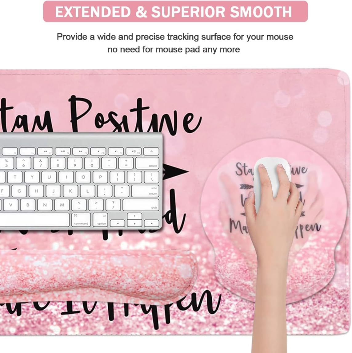 4-in-1 Gaming Mouse Pad Set with Wrist Support - Large Desk Mat, Mouse Pad, Keyboard Wrist Rest & Cup Holder - Ergonomic Design for PC Gaming, Office Work & Home Study (Pink Stay Positive) - Perfect for Gamers, Programmers & Remote Workers