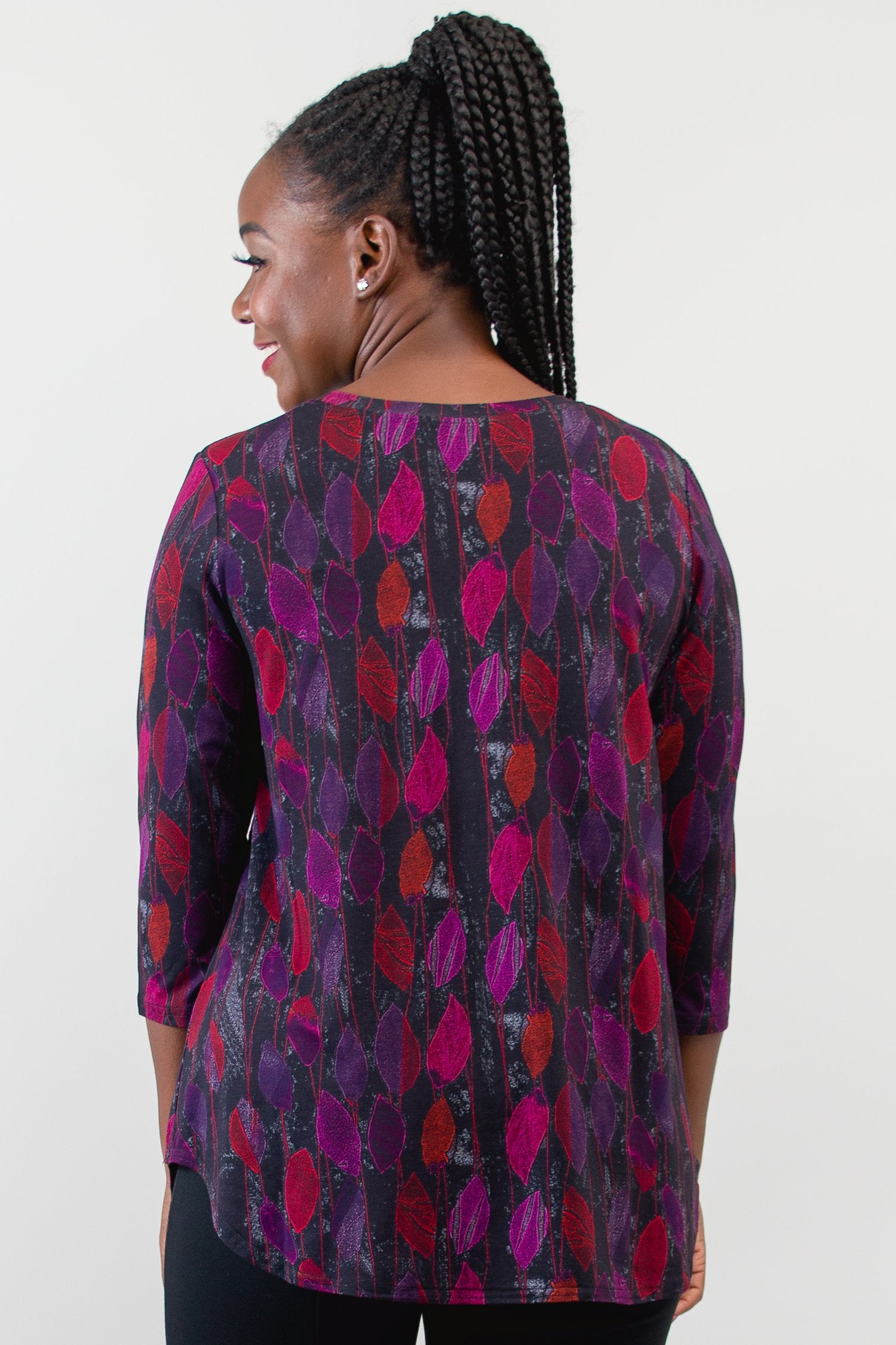 Jackie 3/4 Sleeve Women's Tops - Orchid Leaf Print Bamboo Fabric Blouse for Casual Wear & Summer Outfits | Final Sale