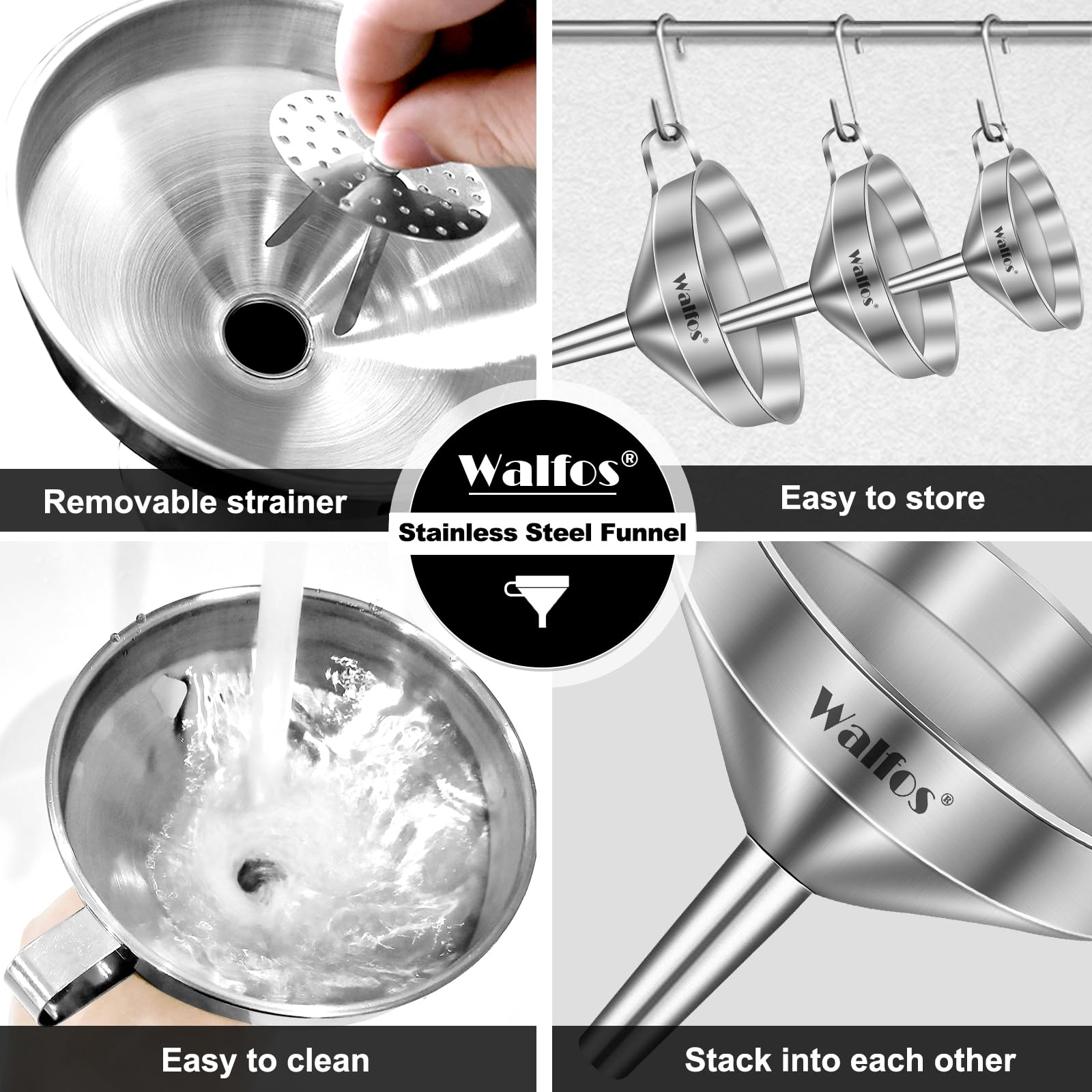 Premium Stainless Steel Kitchen Funnel Set - 3 Pack with 2 Removable Strainers & Cleaning Brush - Ideal for Liquids, Oils, Jam, Dry Ingredients & Powder Transfer - Perfect for Home Cooking, Baking, Canning & DIY Projects