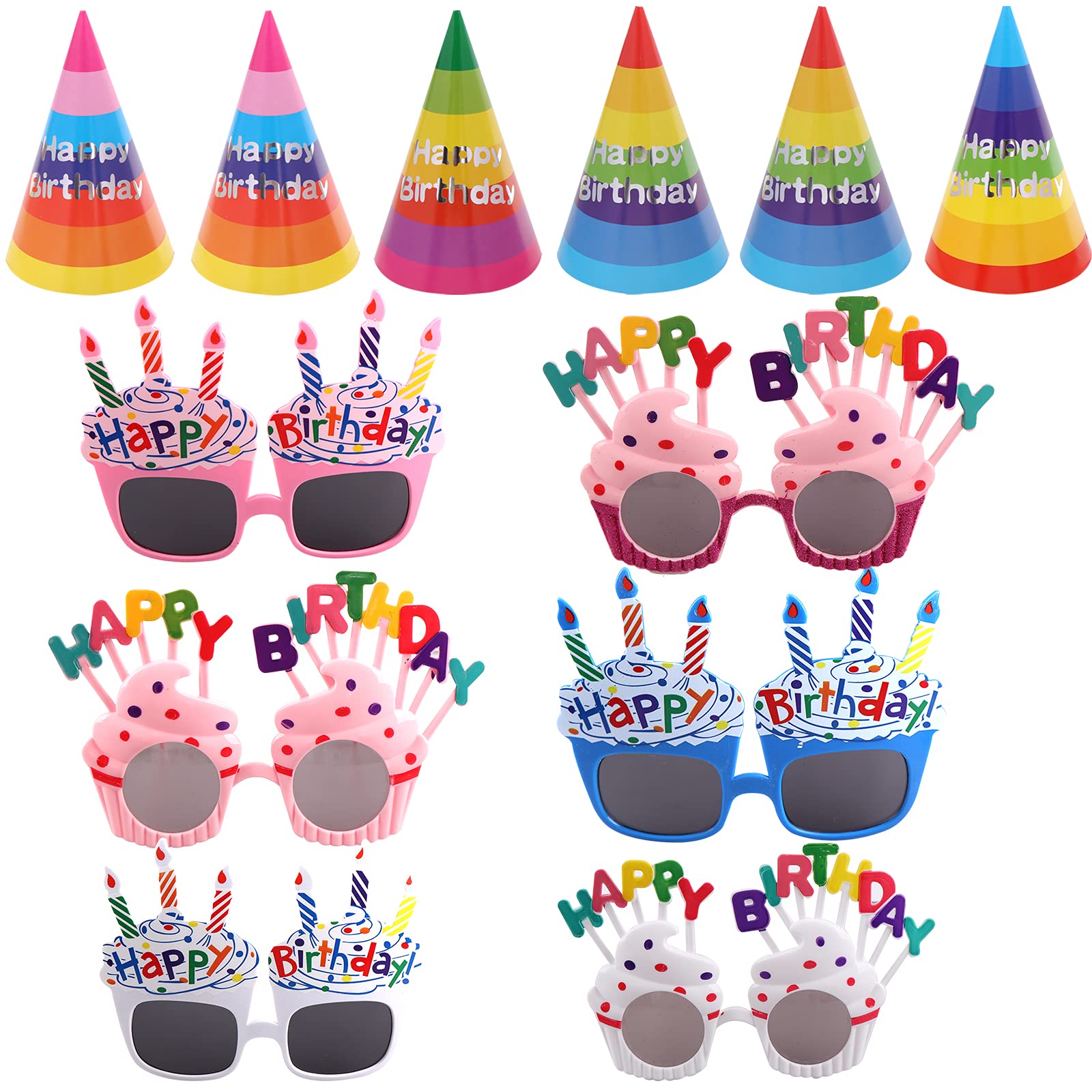 12 PCS Happy Birthday Party Hats & Sunglasses Set - Fun Cake-Themed Glasses for Kids & Adults - Perfect for Birthday Parties, Celebrations & Festive Events