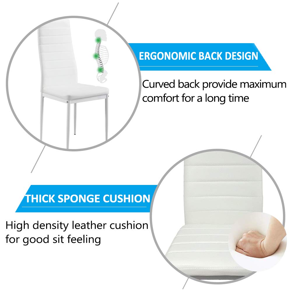 5-Piece Modern Glass Dining Table Set with 4 PU Leather Chairs - White Rectangle Kitchen & Dining Room Furniture for 4 People | Perfect for Small Spaces, Apartments, and Family Gatherings