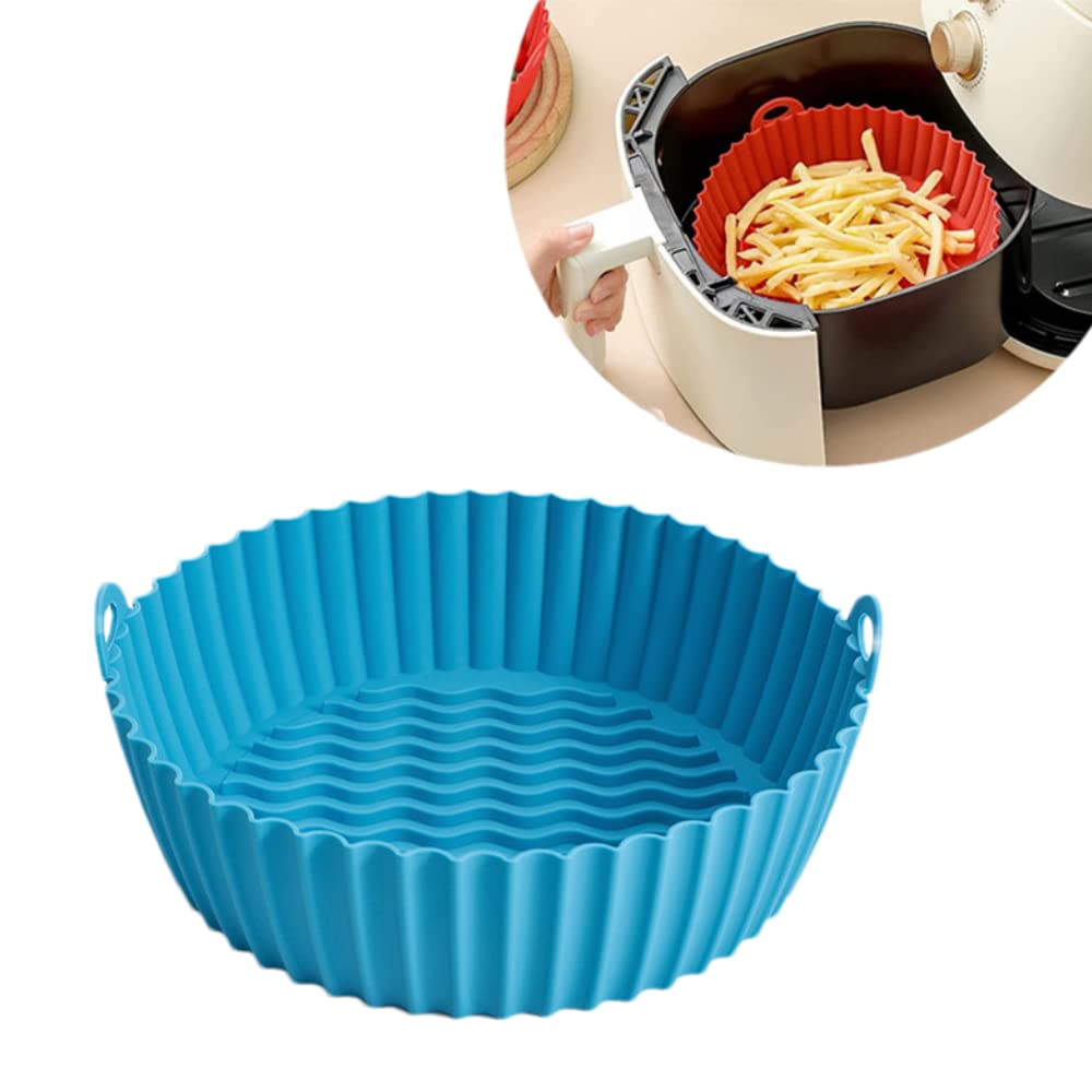 Non-Stick Air Fryer Silicone Liner - 8.5 Inch Food Grade Reusable Silicone Pot for Air Fryer Oven, Round Basket Bowl Accessory (Blue) - Perfect for Healthy Cooking, Baking, and Easy Cleanup