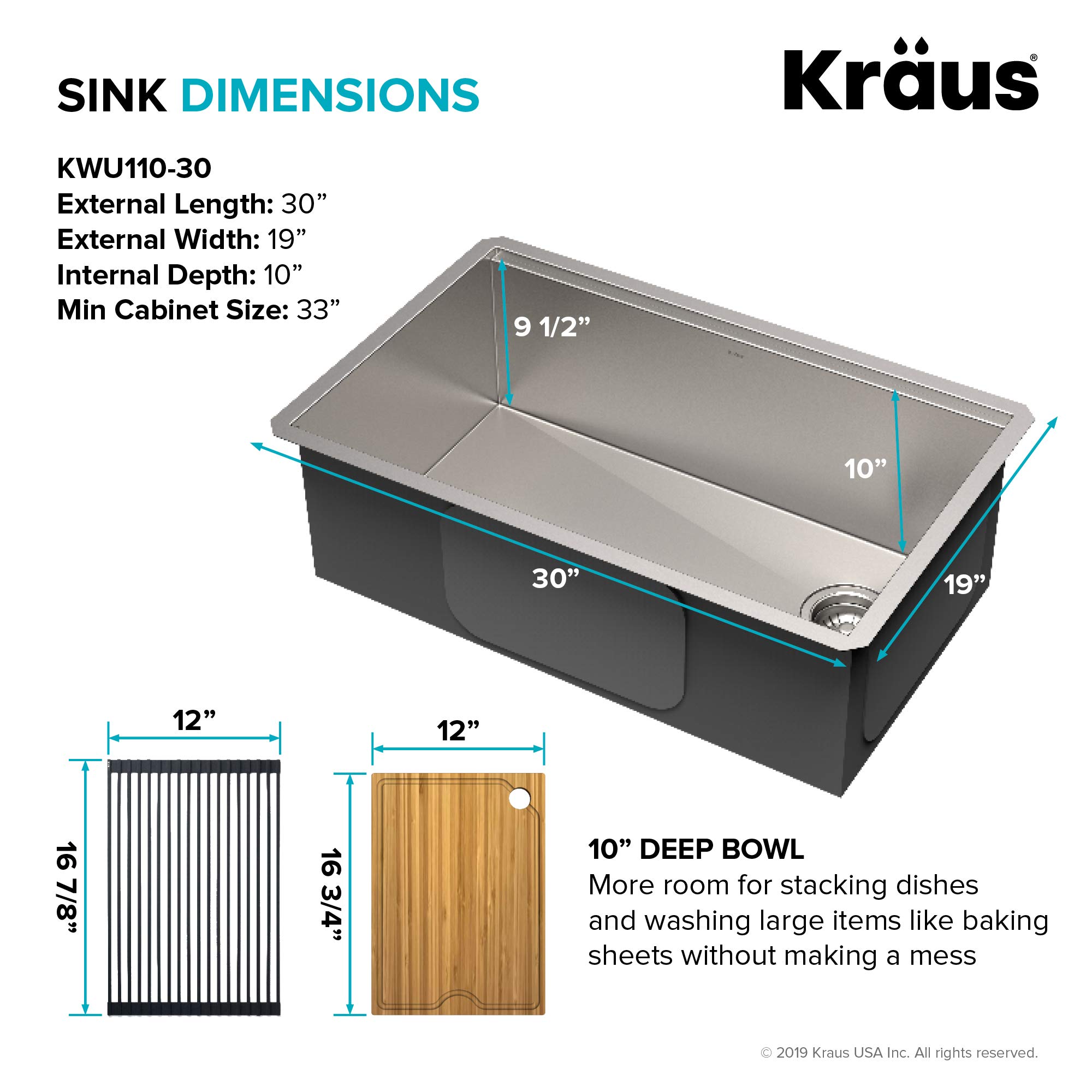 Kraus Kore Workstation 30-inch Undermount Single Bowl Stainless Steel Kitchen Sink with WasteGuard Garbage Disposal - 16 Gauge Commercial-Grade Sink for Busy Home Chefs & Professional Kitchens