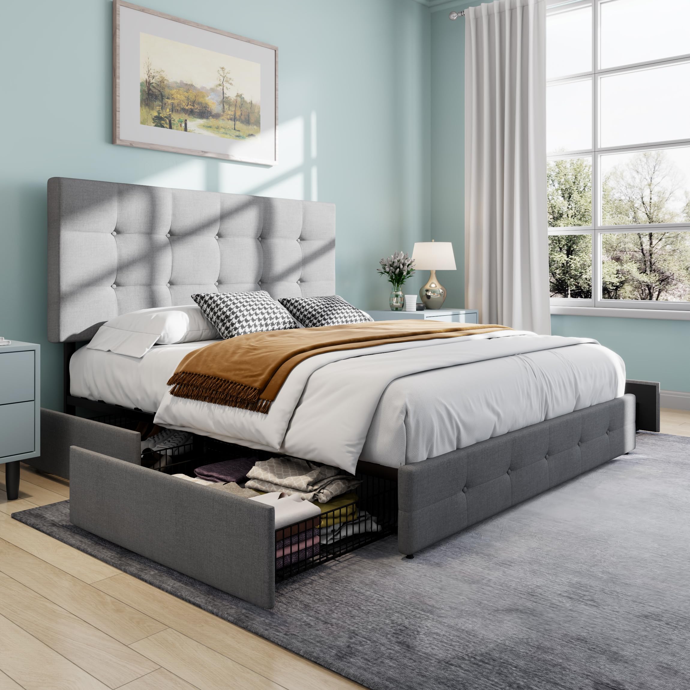 SHA CERLIN Upholstered Queen Size Storage Bed Frame with 4 Drawers - Adjustable Tufted Headboard, Wood Slat Support, No Box Spring Needed - Light Grey Fabric Platform Bed for Master Bedroom, Guest Room & Small Spaces