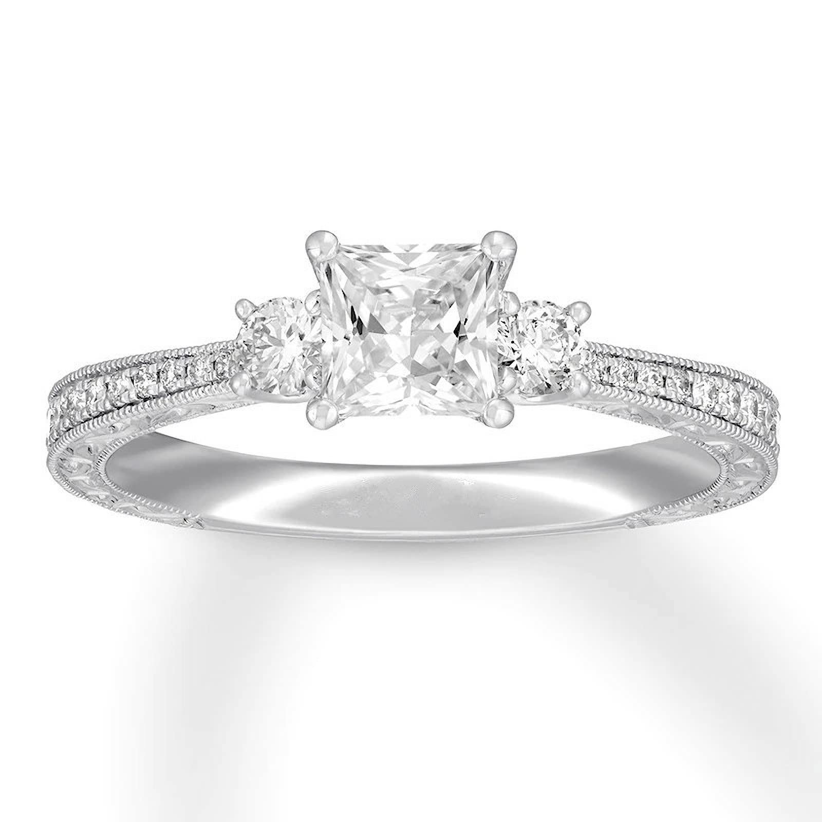 1 Carat (1 CT) Moissanite Engagement Ring for Women - 10K White Gold Halo Princess Cut Three Stone Vintage Ring with Free Engraving (Size 5.5) | Perfect Proposal Gift, Anniversary Present & Bridal Jewelry