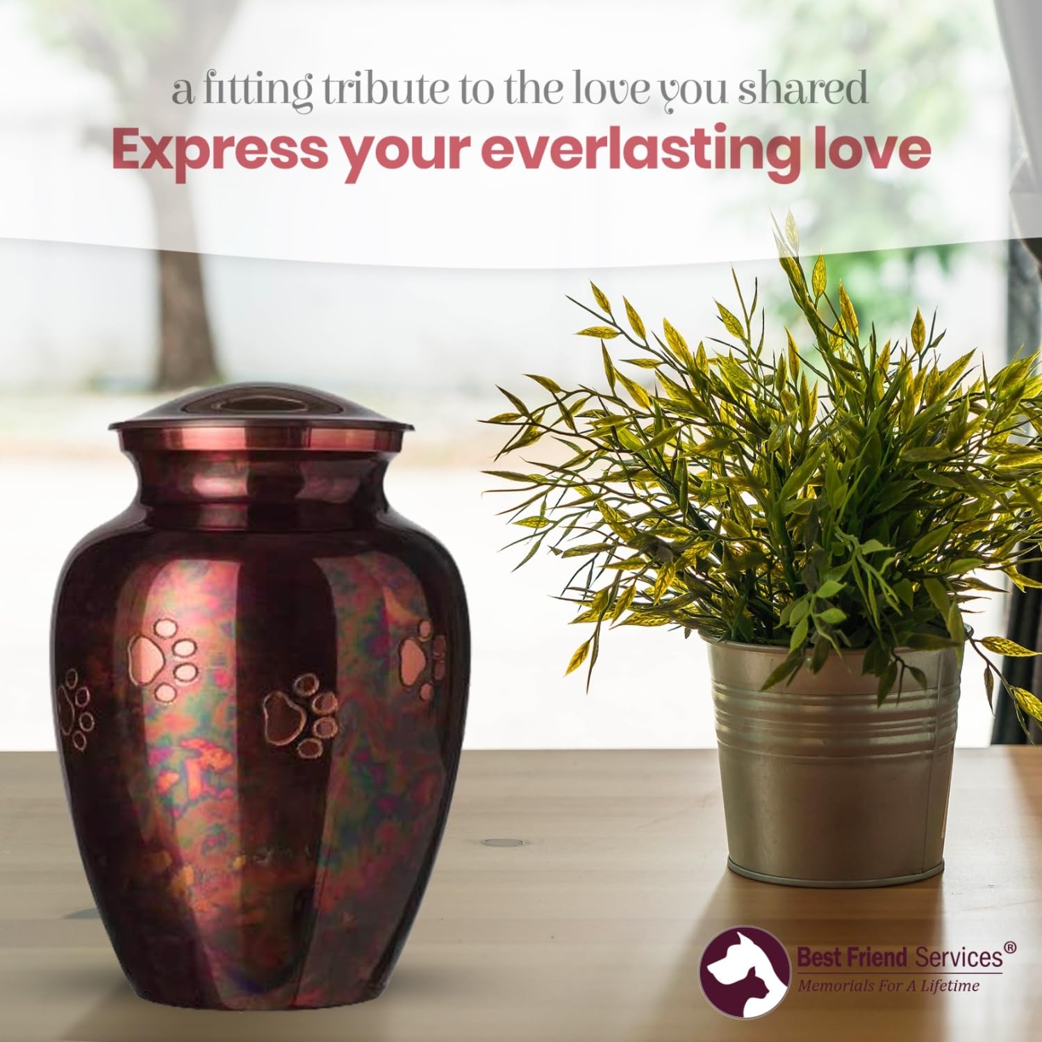 Hand Carved Brass Pet Urn for Dogs and Cats Ashes - Ottillie Paws Legacy Memorial Cremation Urn, Raku Finish, Horizontal Design, X-Large Size, Perfect for Home Memorials and Pet Keepsakes