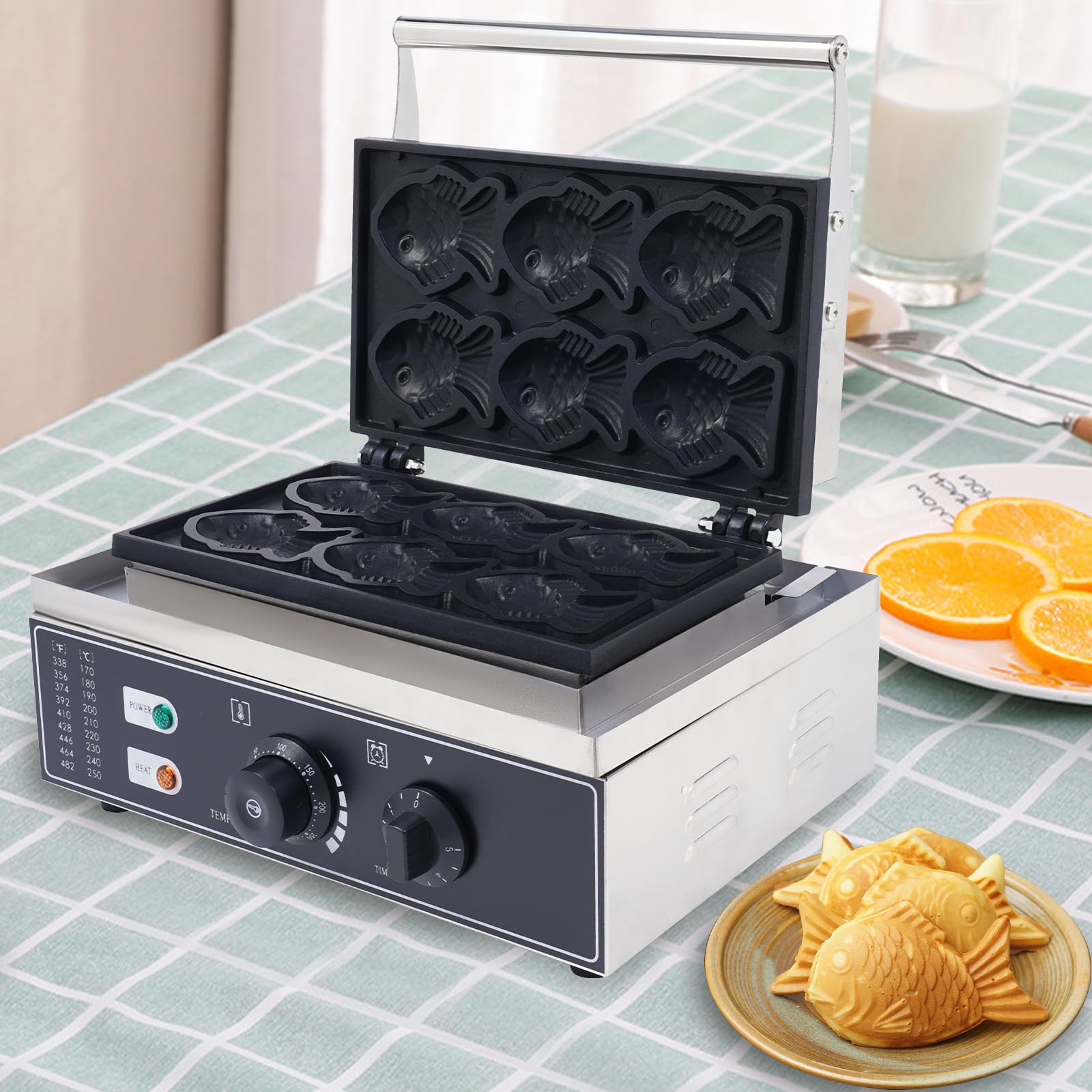 Japanese Taiyaki Waffle Maker - Fish-Shaped Nonstick Electric Waffle Iron 1550W 110V with 6 Closed-Mouth Molds for Home & Commercial Use - Perfect for Breakfast, Desserts, Street Food & Party Snacks
