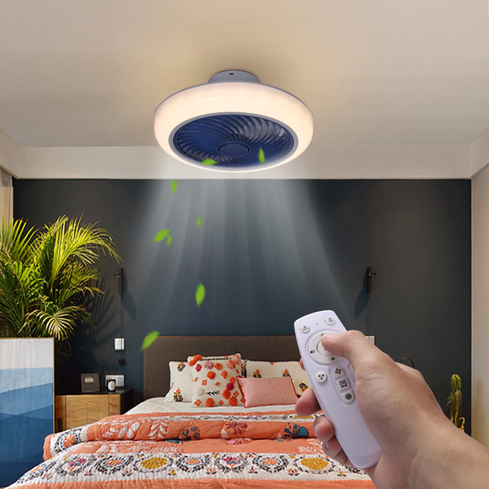 Modern Low Profile Ceiling Fan with LED Lights & Remote Control - 3-Speed Dimmable Enclosed Fan Light for Bedroom, Kitchen, Living Room (Blue) - Energy Efficient Cooling & Stylish Lighting Solution for Home & Office