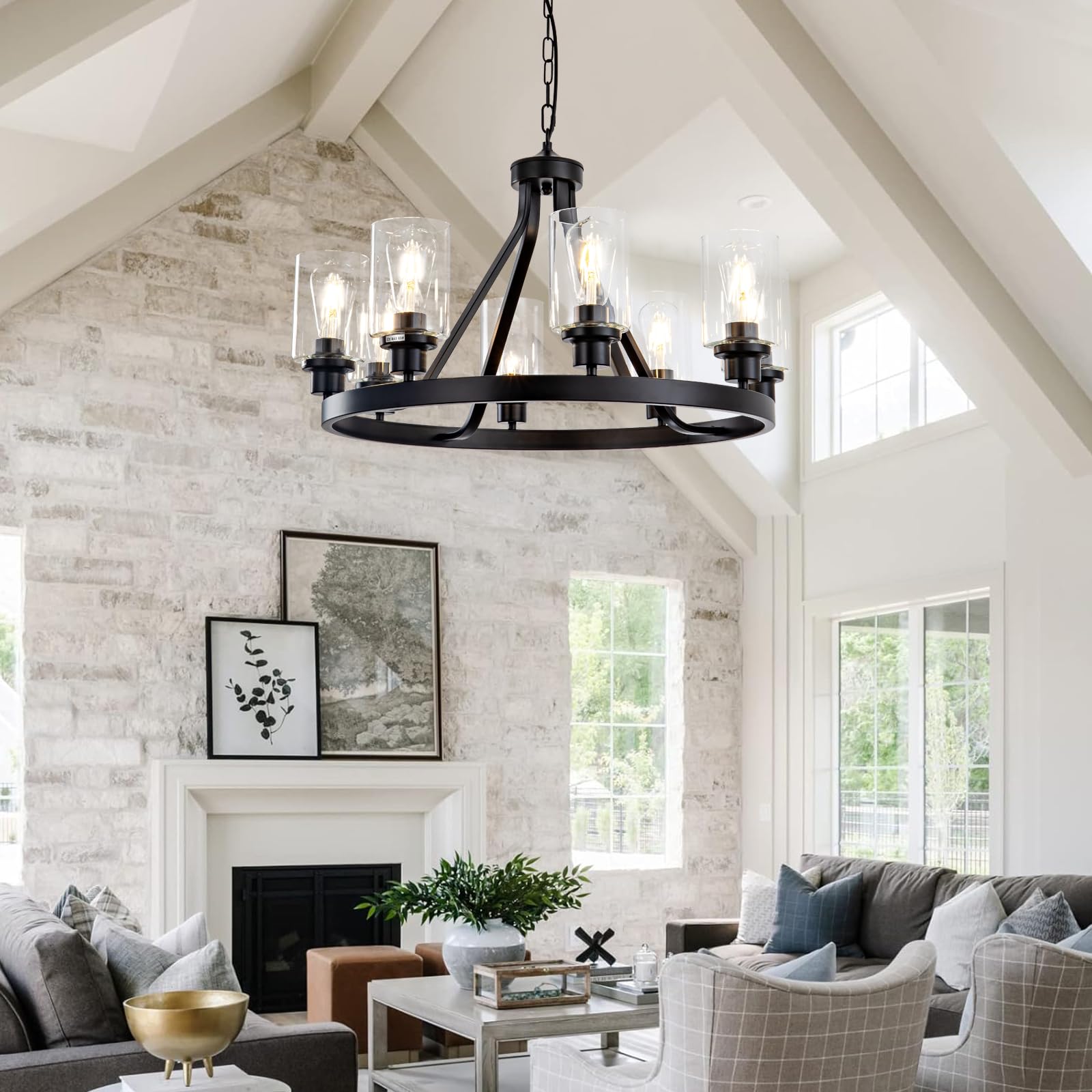 8-Light Black Farmhouse Wagon Wheel Chandelier - Adjustable Height Modern Industrial Rustic Dining Room Light Fixture - Perfect for Kitchen Island, Dining Table, and Living Room Pendant Lighting (E26 Base)