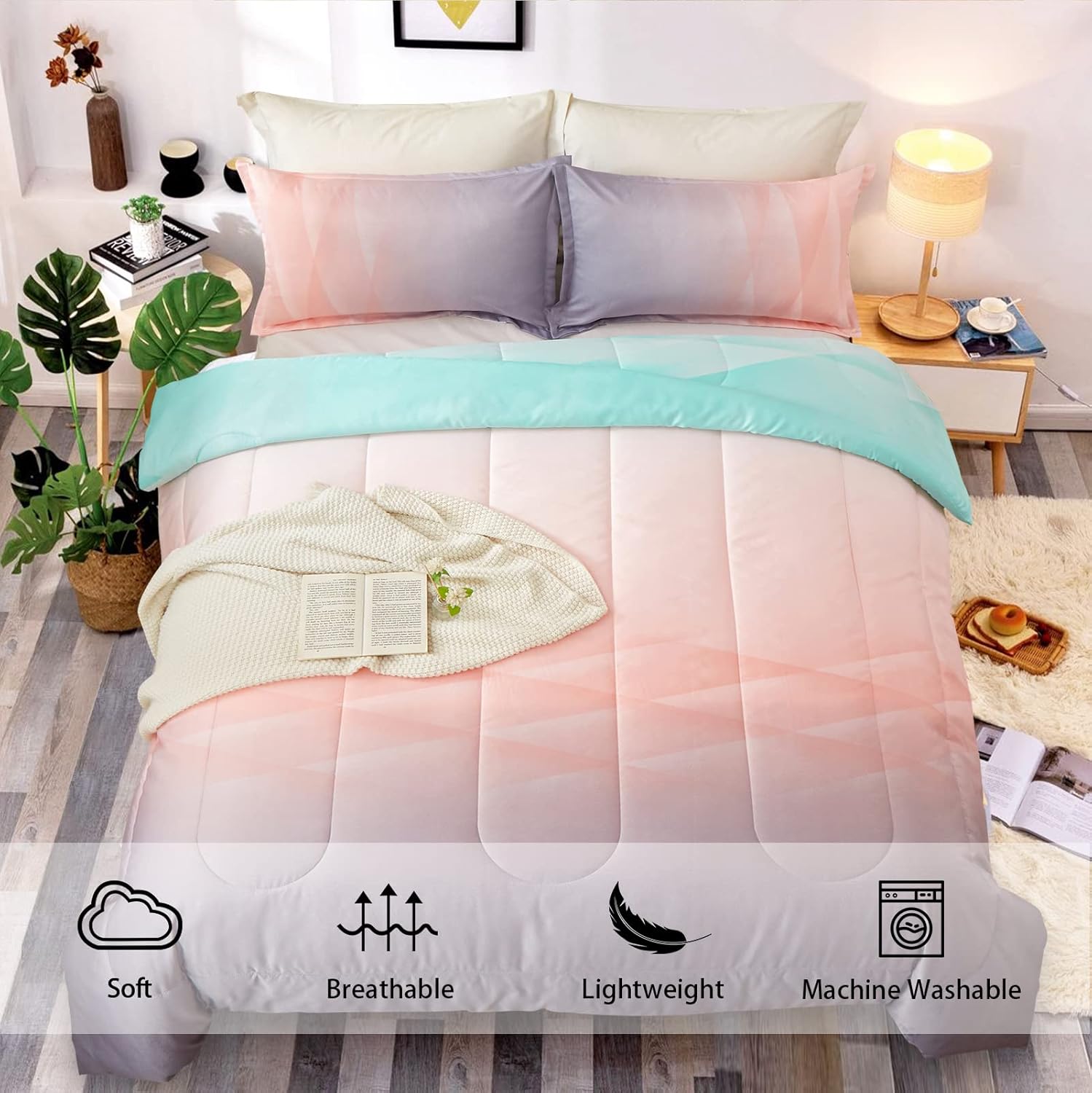 Girls Comforter Set Queen Size - Ombre Blue Pink Rainbow 3 Piece Bedding Collection for Teen Girls Room Decor, Soft & Cozy Bed Set for Kids Bedroom