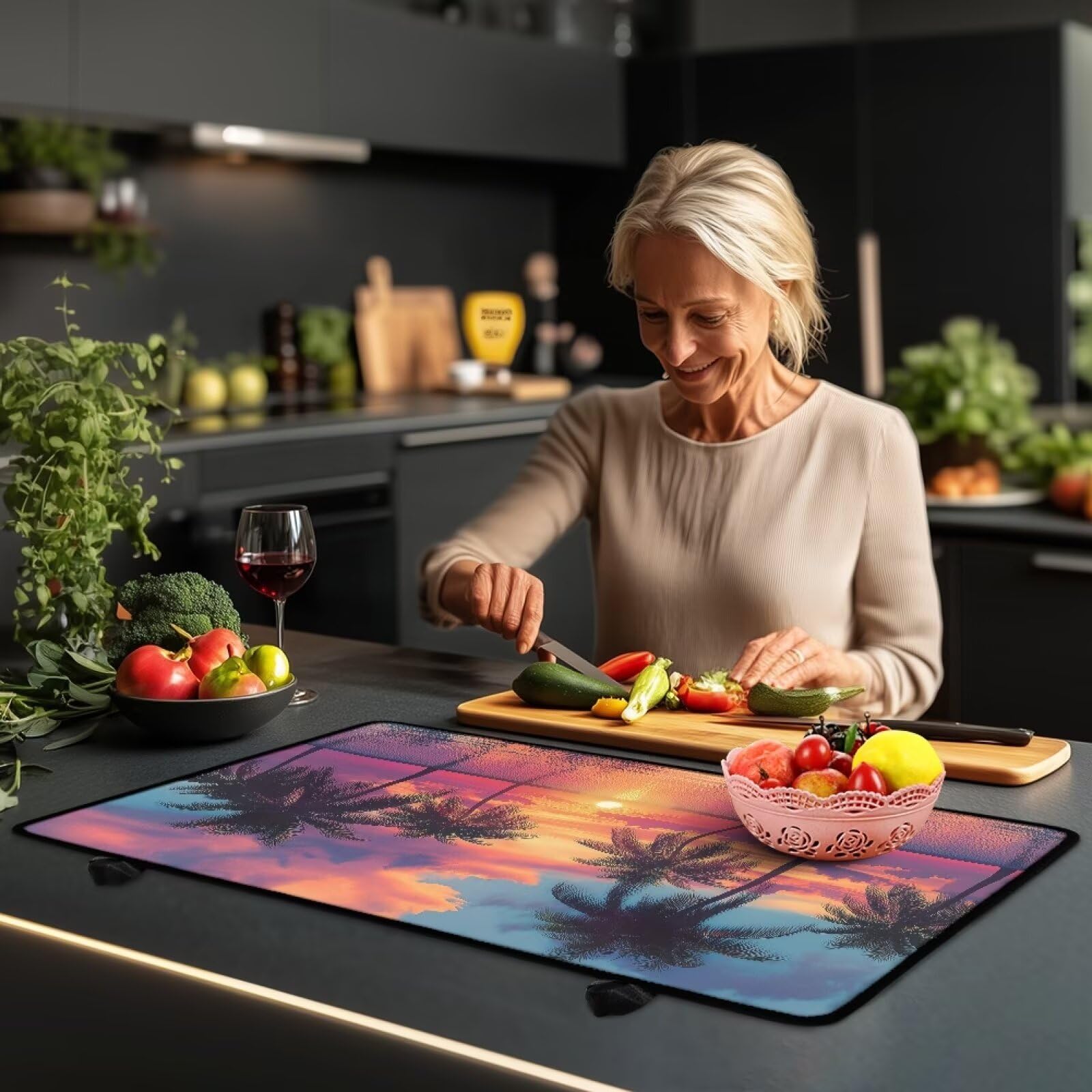 Heat-Resistant Glass Stove Top Cover with Non-Slip Design - Coconut Tree Beach Theme Oven Protector Mat for Electric Stoves | Perfect for Kitchen Countertop Protection & Dish Drying | Ideal for Beach House, Vacation Rental & Tropical-Themed Kitchens