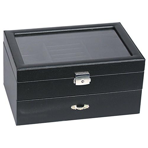 Premium Black Leather Jewelry Box with Carbon Fiber Inlay, Glass Top, Lock & Key - Elegant Storage & Display Case for Rings, Necklaces, Watches - Perfect for Home, Travel & Gift Giving