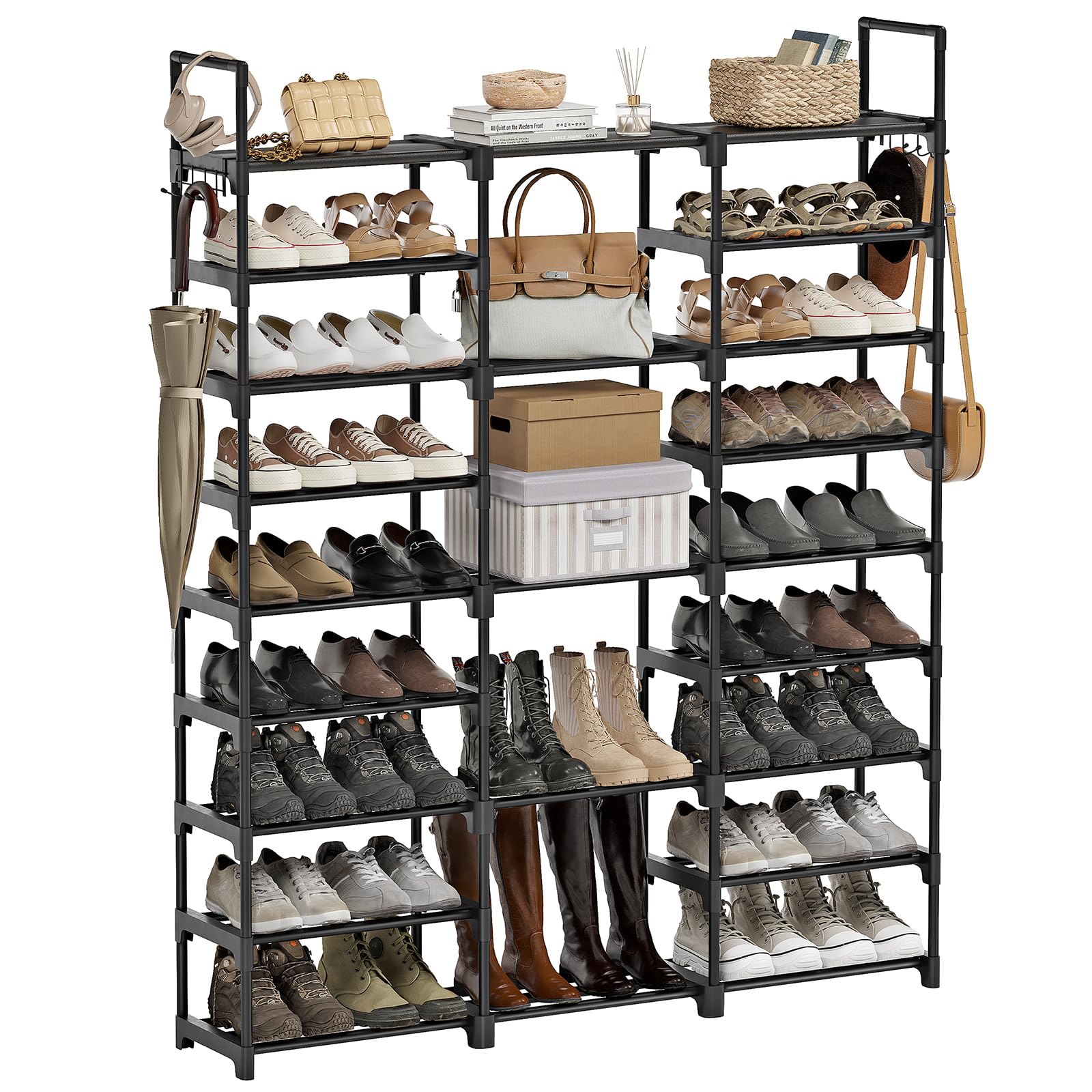 WOWLIVE 9-Tier Large Shoe Rack Organizer - Holds 50-55 Pairs | Stackable Closet Storage Shelf with Metal Frame & Plastic Connectors | Space-Saving Shoe Tower for Bedroom, Entryway, or Walk-In Closet (Black, Model SSS3B9)
